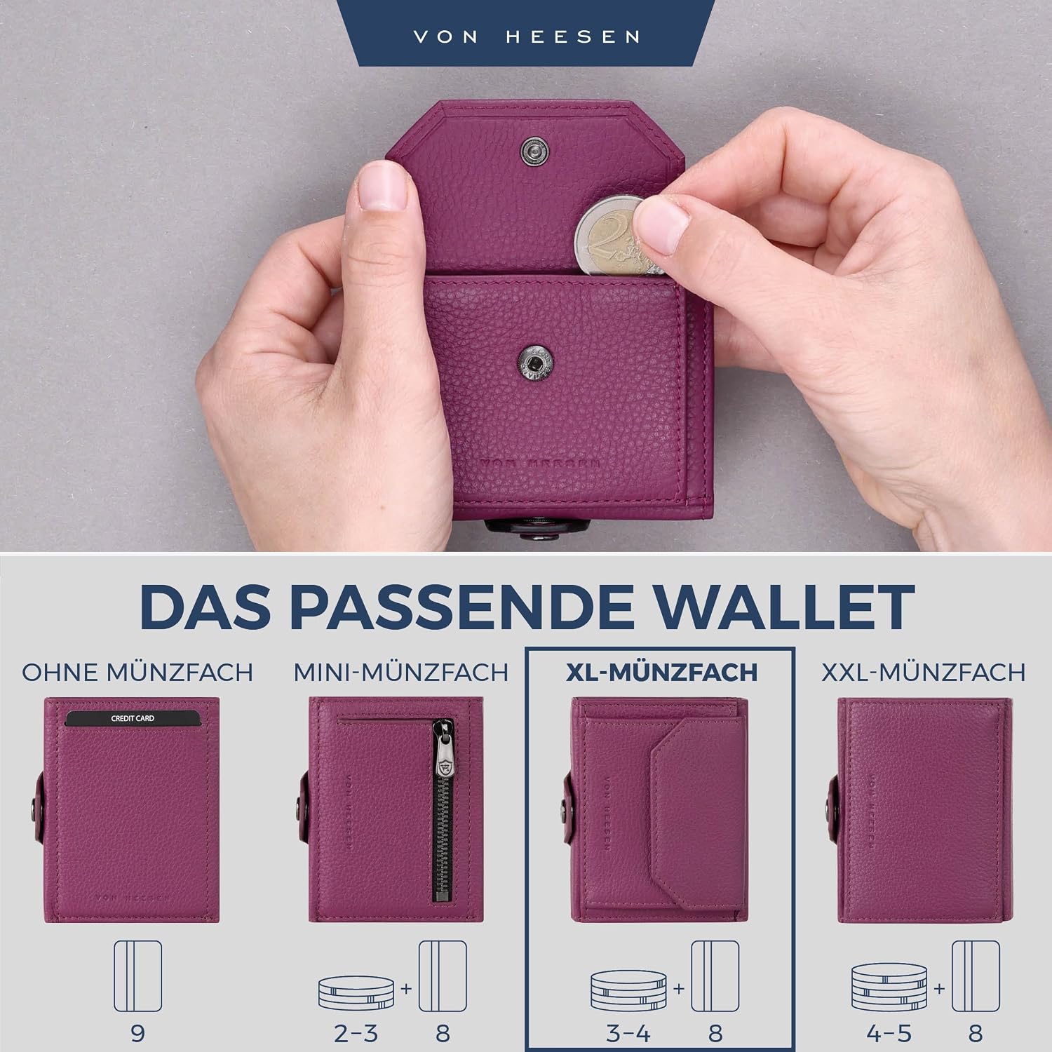 Detalle de VON HEESEN Slim Wallet mit XL Münzfach & RFID-Schutz – kleine Portemonnaie/ Kartenetui (Pink)
