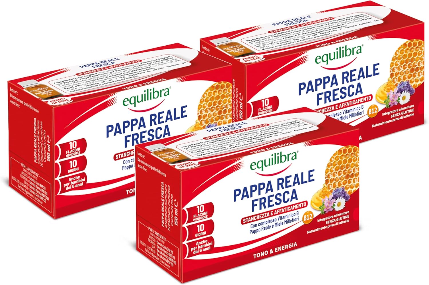 Detalle de Equilibra Pappa Reale Fresca con vitamine del gruppo B e miele Millefiori – 3 confezioni da 10 flaconcini