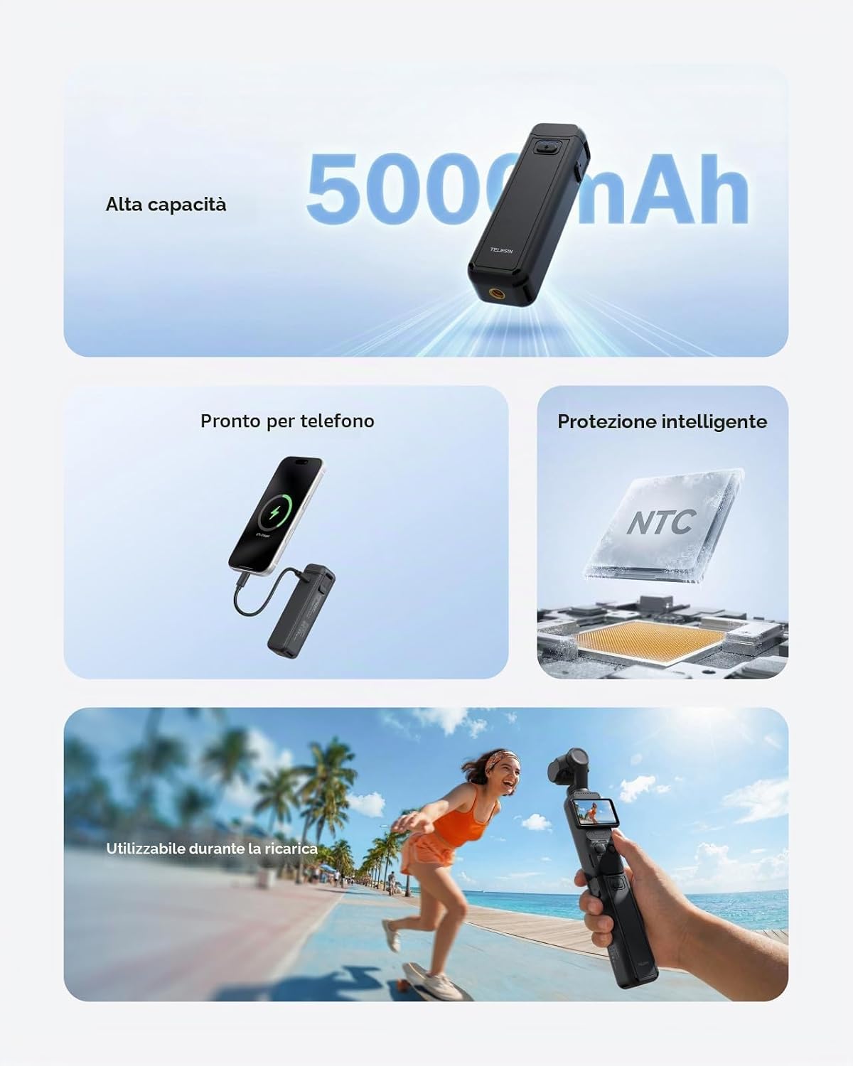 Thumbnail 4 de TELESIN Impugnatura Batteria per DJI Osmo Pocket 4P/4/3 – Batteria 5000mAh ad alta capacità, Powerbank Grip e Treppiede