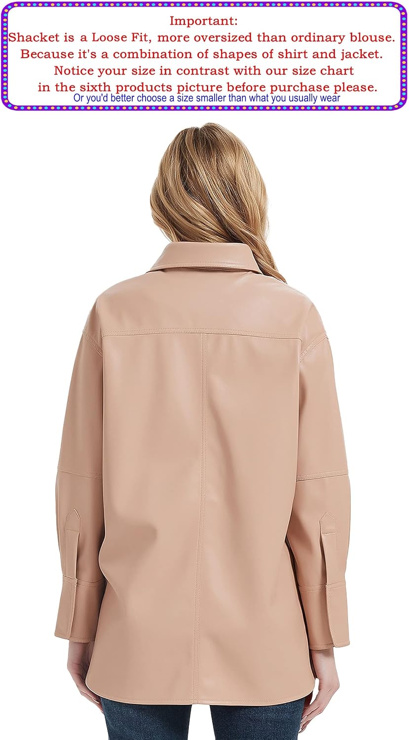 Detalle de RISISSIDA Women's Faux Leather Shacket with Brushed Lining and Chest Pockets