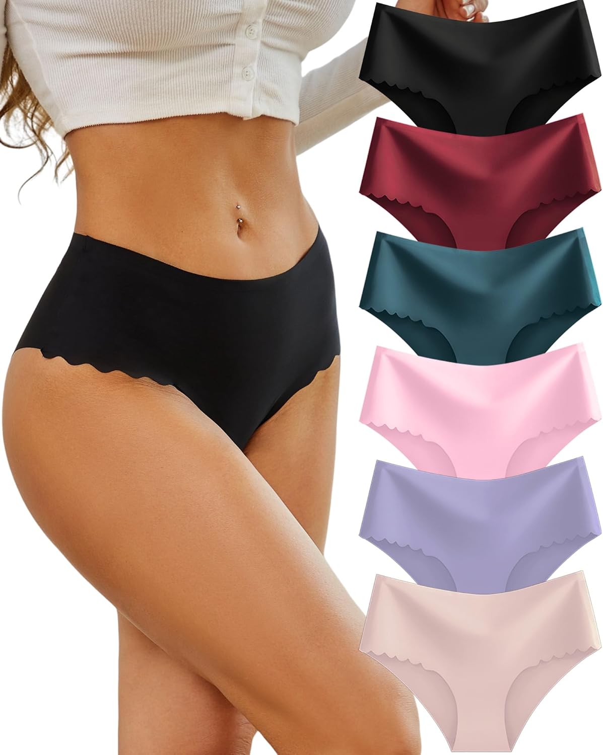 Detalle de Sth Big High Waisted Seamless Underwear for Women – 6 Pack No Show Cheeky with Scalloped Edge