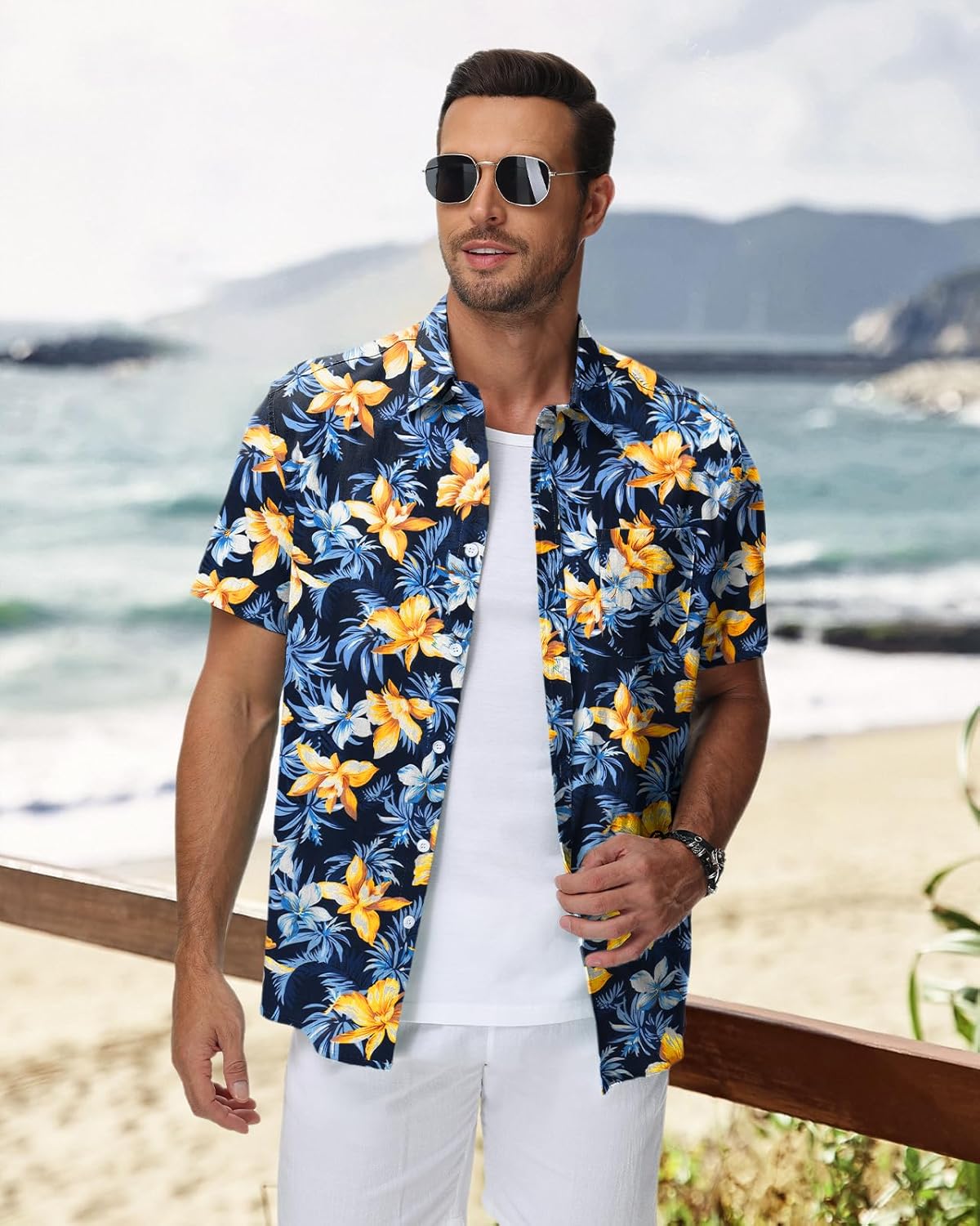 Thumbnail 4 de HMIYA Hawaii Hemd für Herren – 100% Baumwolle, Unisex, Kurzarm, Brusttasche, Knopfverschluss