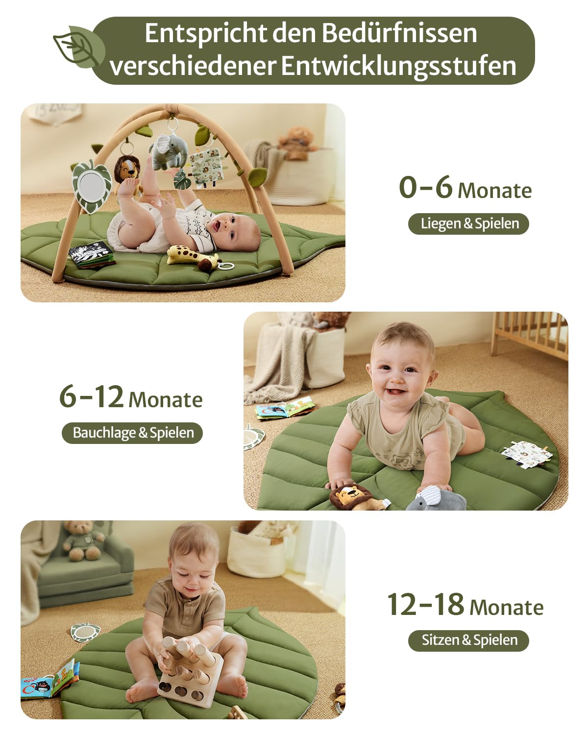 Thumbnail 3 de Blissful Diary Baby-Spielbogen mit Activity-Playmatte „Waldgrün“ und 6 abnehmbaren Spielzeugen (Übergroßes Blatt, 135 × 94 × 2,5 cm)