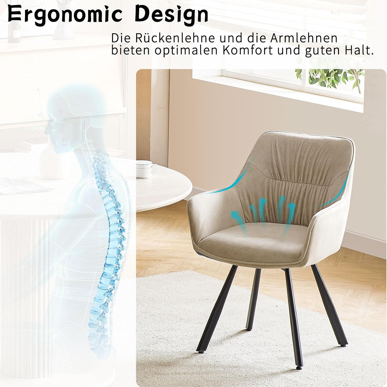 Detalle de LEWE Esszimmerstühle 6er-Set drehbar 360° mit Armlehne, Khaki – ergonomische Polsterstühle