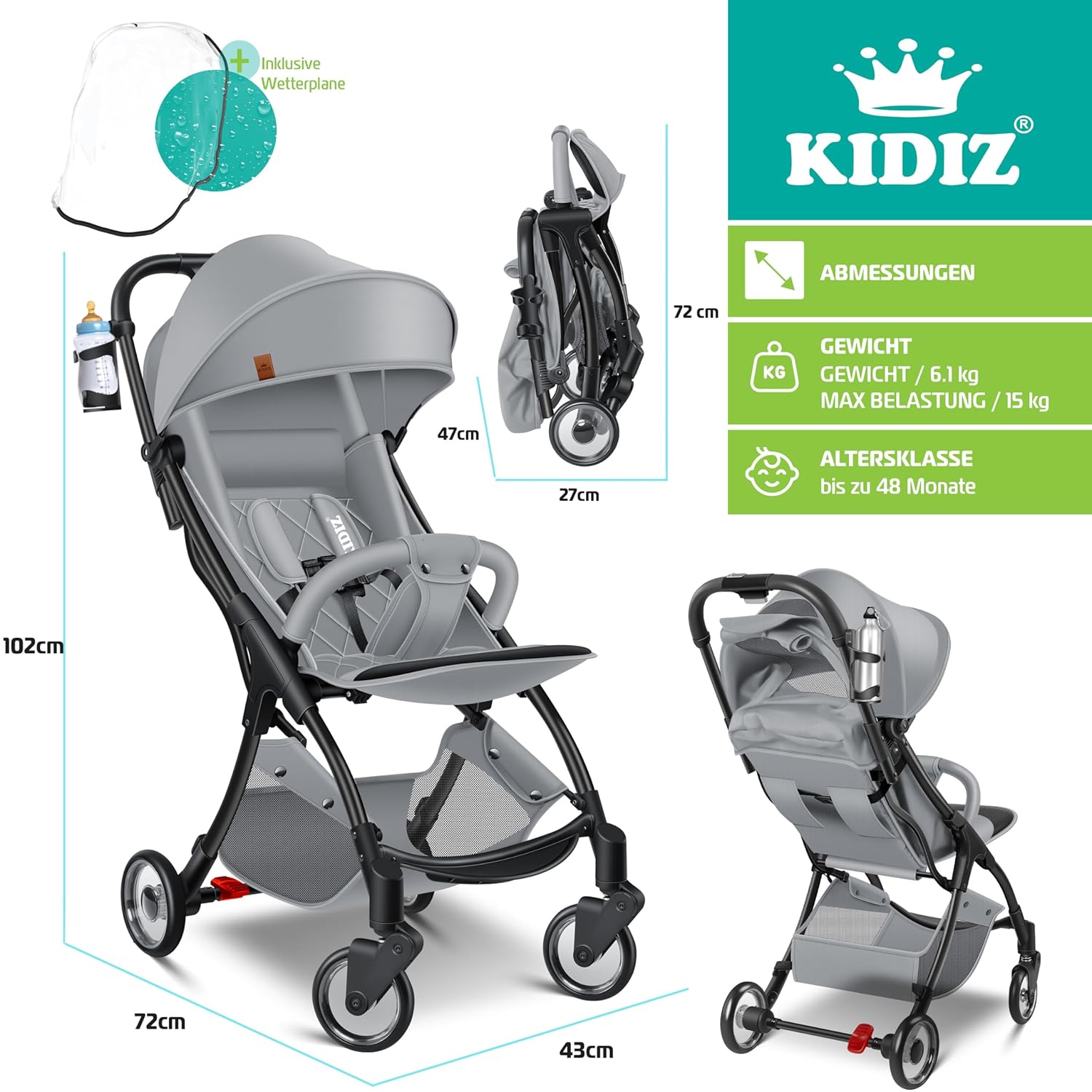 Detalle de KIDIZ® Premium Kinderwagen – kompakter, faltbarer Liegebuggy mit 360° Rädern, 5-Punkt-Gurt & Regenabdeckung