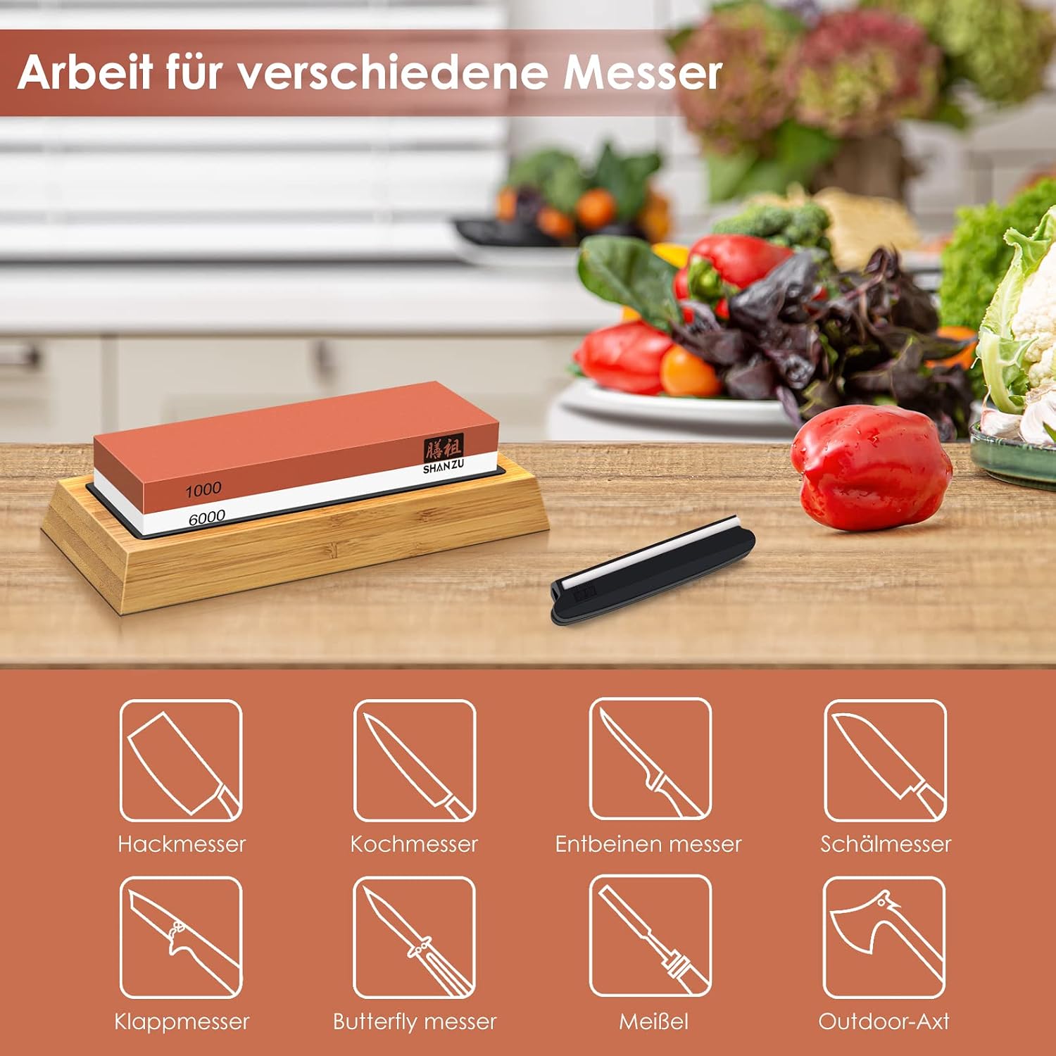 Detalle de SHAN ZU Schleifstein Wetzstein 2-in-1 doppelseitig 1000/6000 mit Winkelführung und rutschfestem Silikonhalte für Küchenmesser