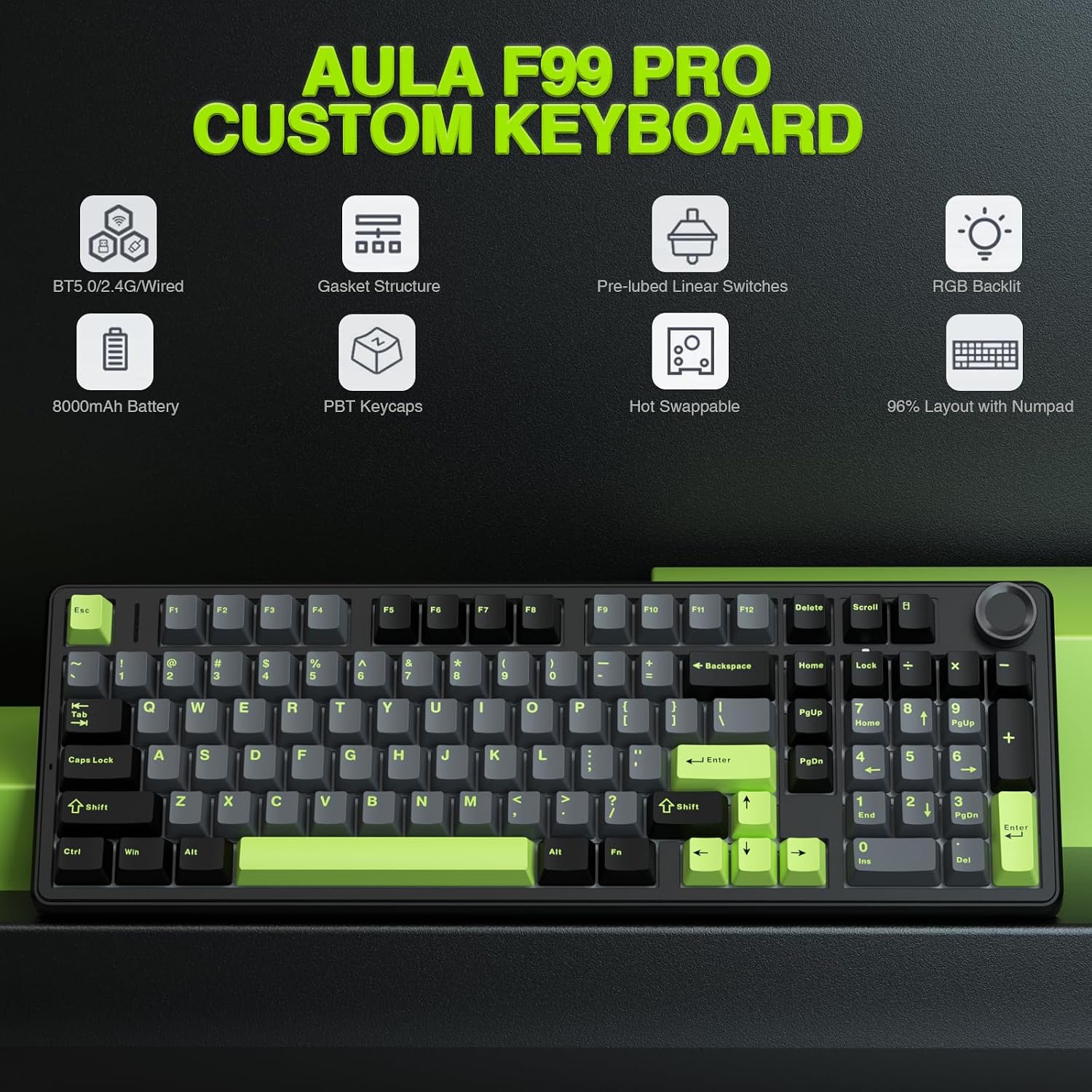 Thumbnail 1 de AULA F99 Pro Wireless Mechanical Keyboard with Knob (Tri-Mode BT5.0/2.4GHz/USB-C, Hot-Swappable) — Creamy Sound + RGB