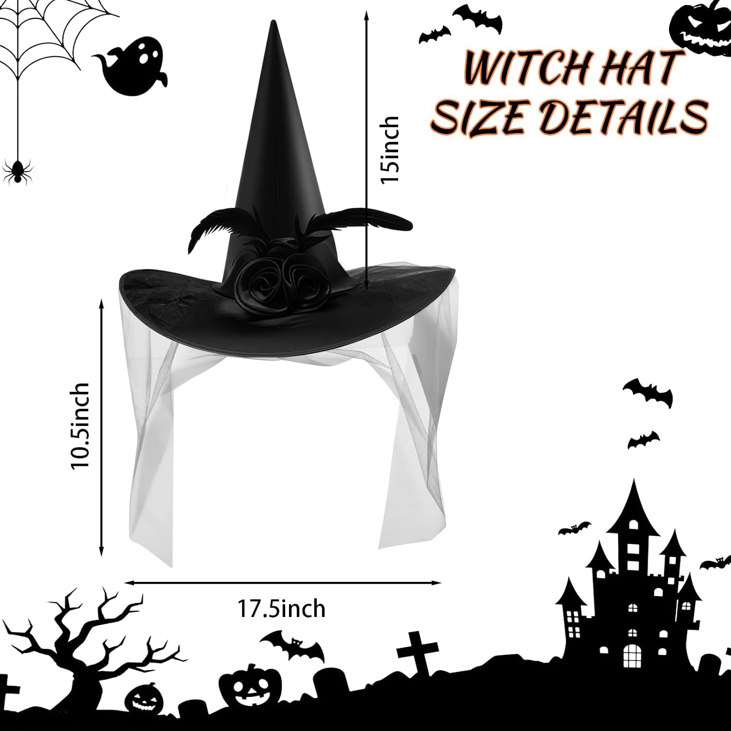 Detalle 2 de JUSTOTRY Halloween Witch Hat, Satin Wide Brim with Roses, Tulle and Feathers
