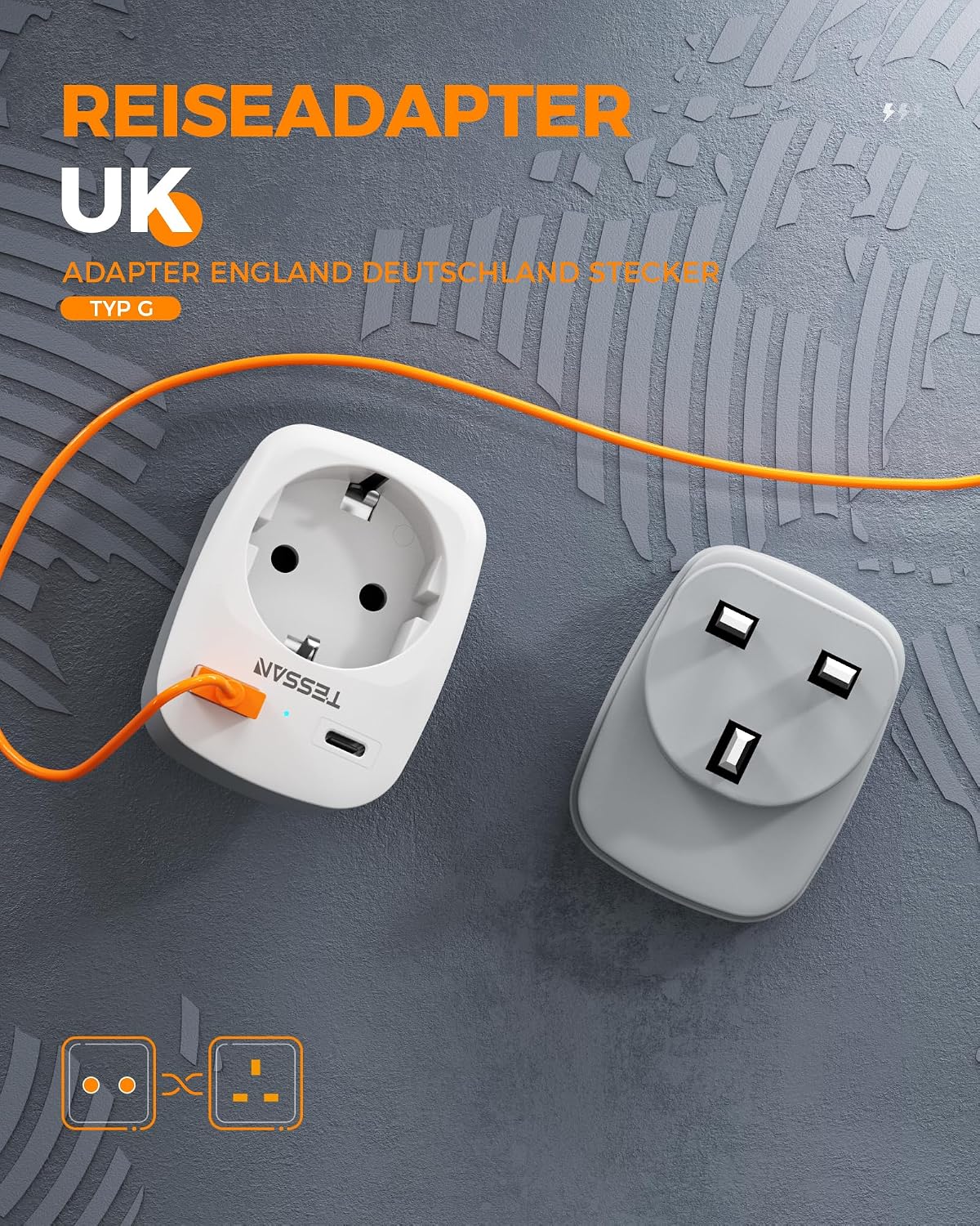 Detalle 2 de TESSAN 2er Pack Reiseadapter England Deutschland – 3-in-1 UK Stecker mit USB-C und USB-A, 3250 W, kompakt