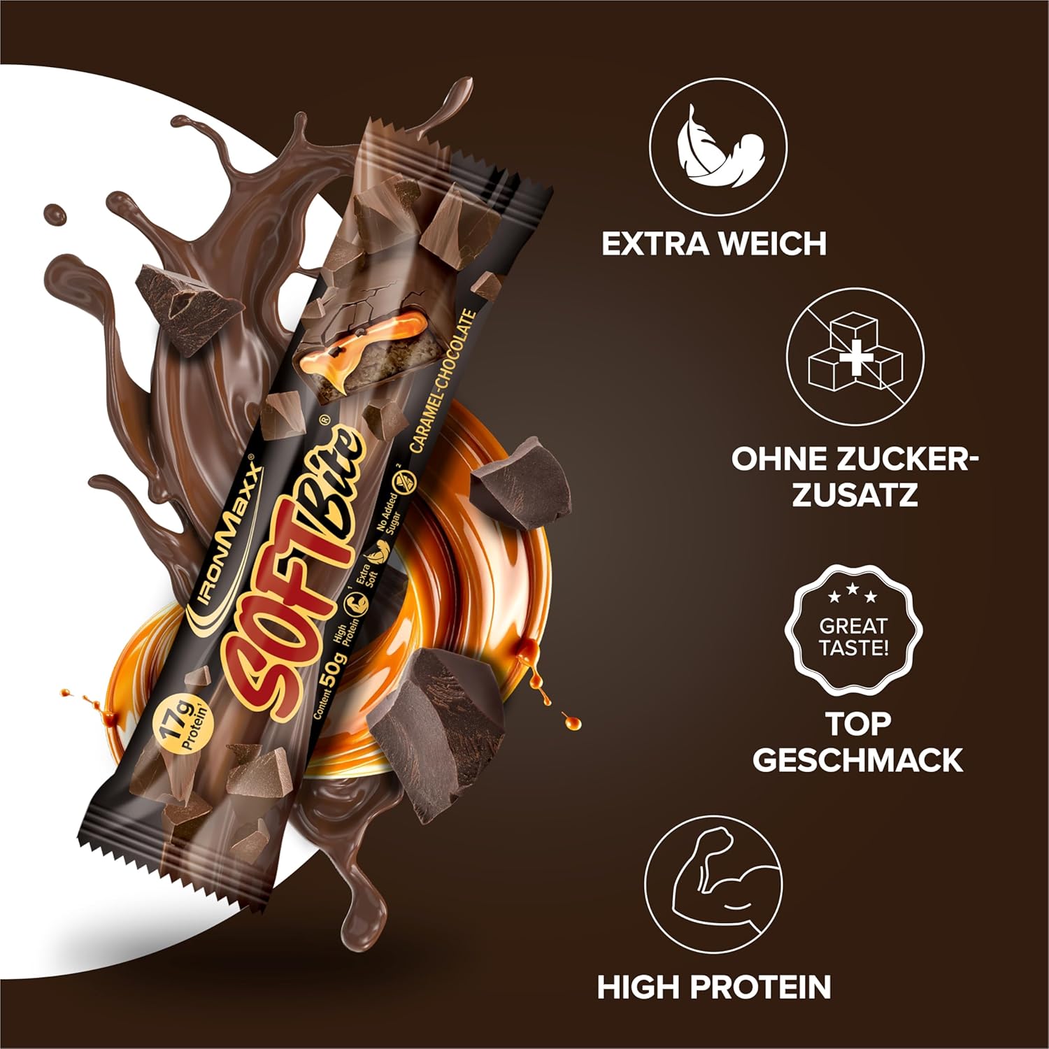 Thumbnail 2 de IronMaxx SoftBite Proteinriegel Chocolate Caramel – 12 x 50 g, extra weiche Textur, hoher Proteingehalt & Ballaststoffe