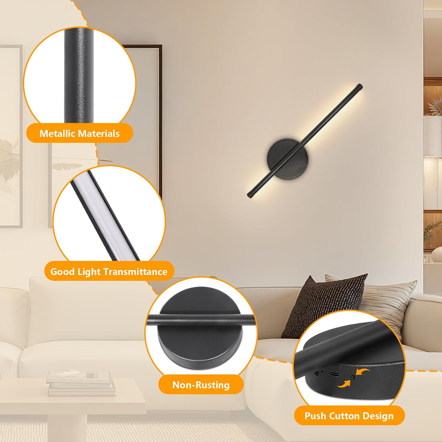Thumbnail 2 de Dehobo Rechargeable Wall Lights (2 Pack) – Battery Operated, 3 Colour Temperature, Dimmable LED Wall Sconce with Remote, Black 40cm