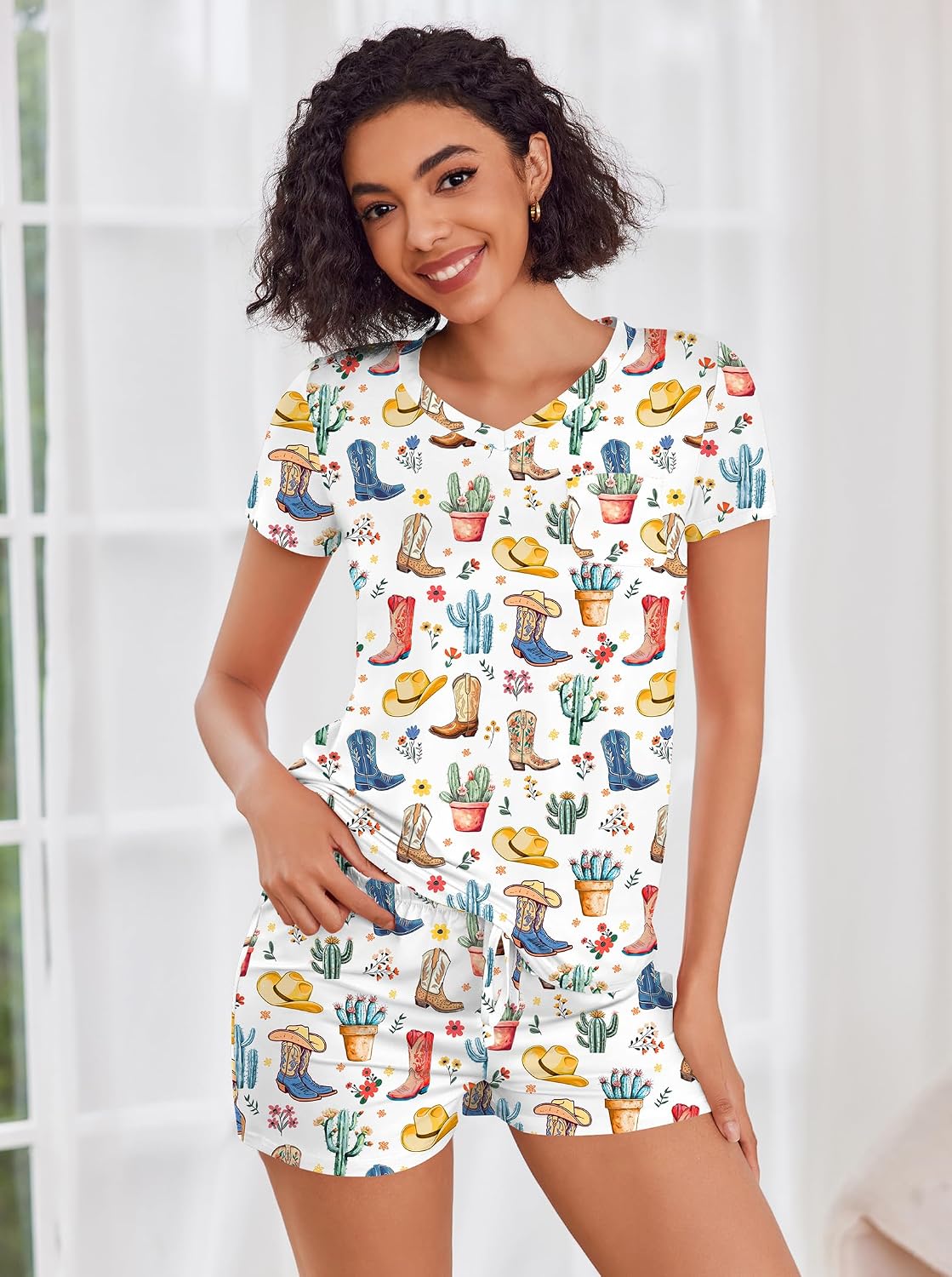 Thumbnail 1 de Ekouaer Women's Pajama Set, Lightweight V-Neck Top and Drawstring Shorts, XS