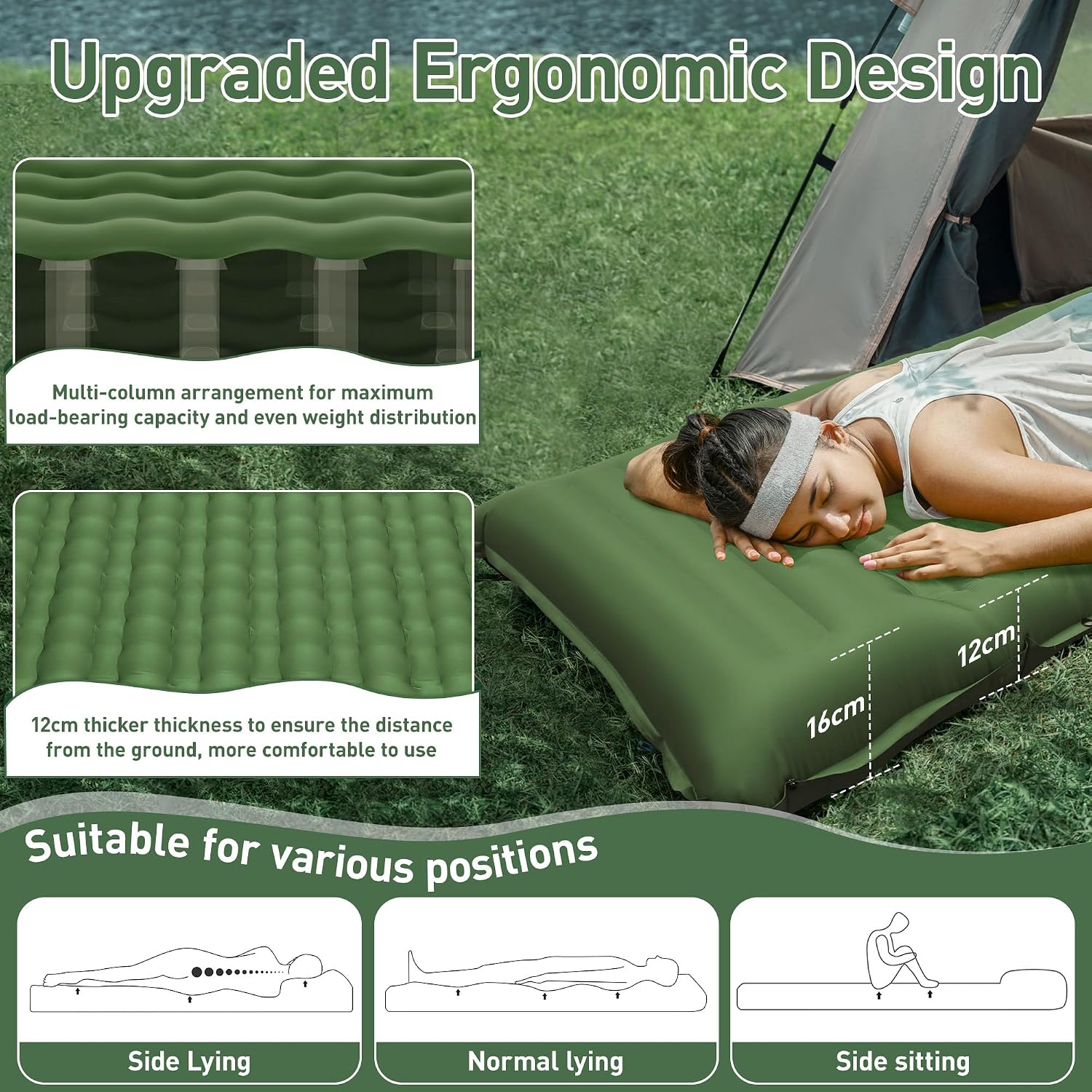 Detalle de Aonext CQD campingslaapmat 12 cm met voetpomp, waterdicht nylon
