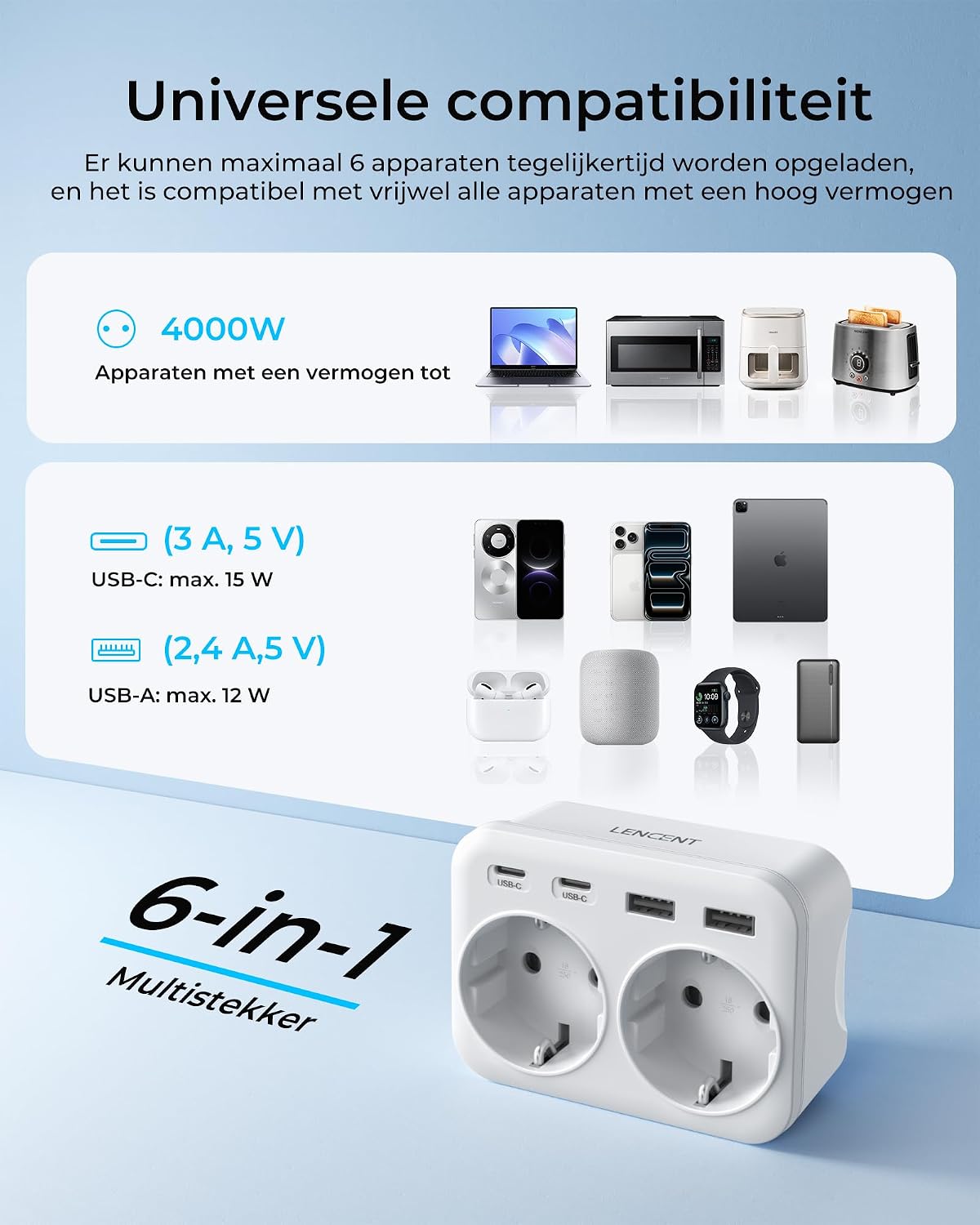 Detalle de LENCENT PA034EUEU stopcontactverdeler met 2 stopcontacten, 4 USB-poorten en 4000 W