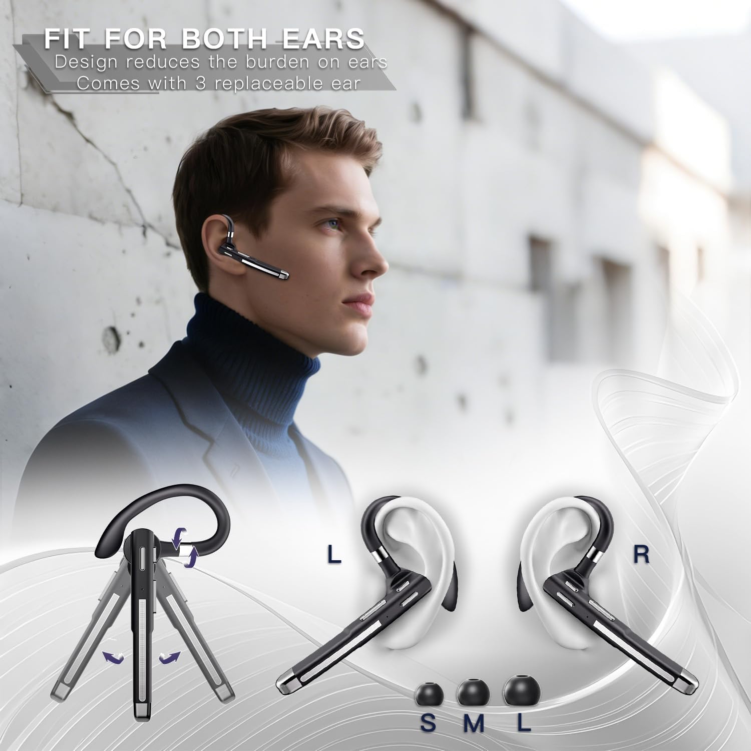 Detalle 2 de Bluetooth Headset V6.1: All‑Day One‑Ear Wireless Headset with CVC8.0 Noise Cancellation