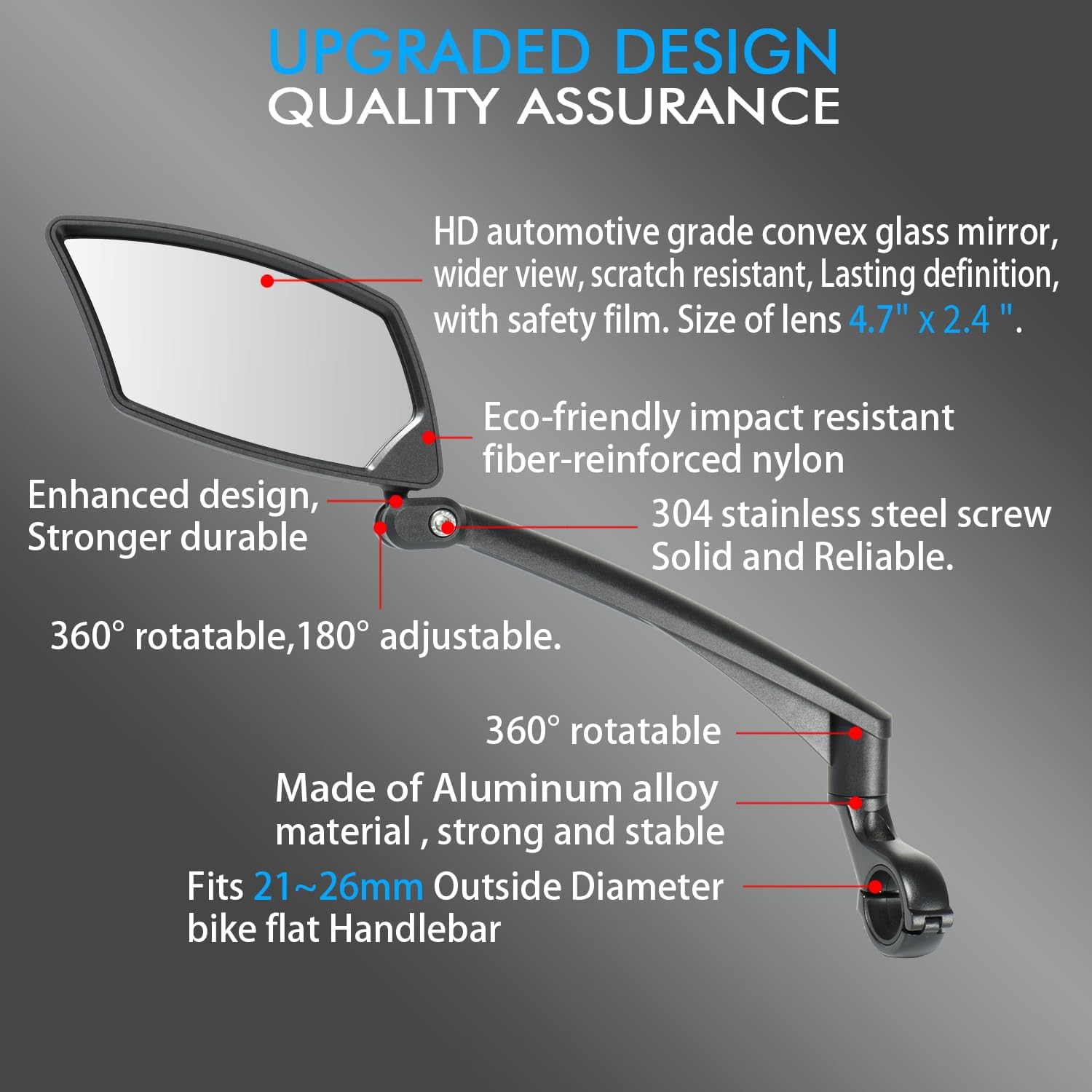 Thumbnail 2 de BriskMore Handlebar Bike Mirror – Crystal Clear 360° Adjustable HD Glass, 13" Arm, Shatterproof Convex Lens