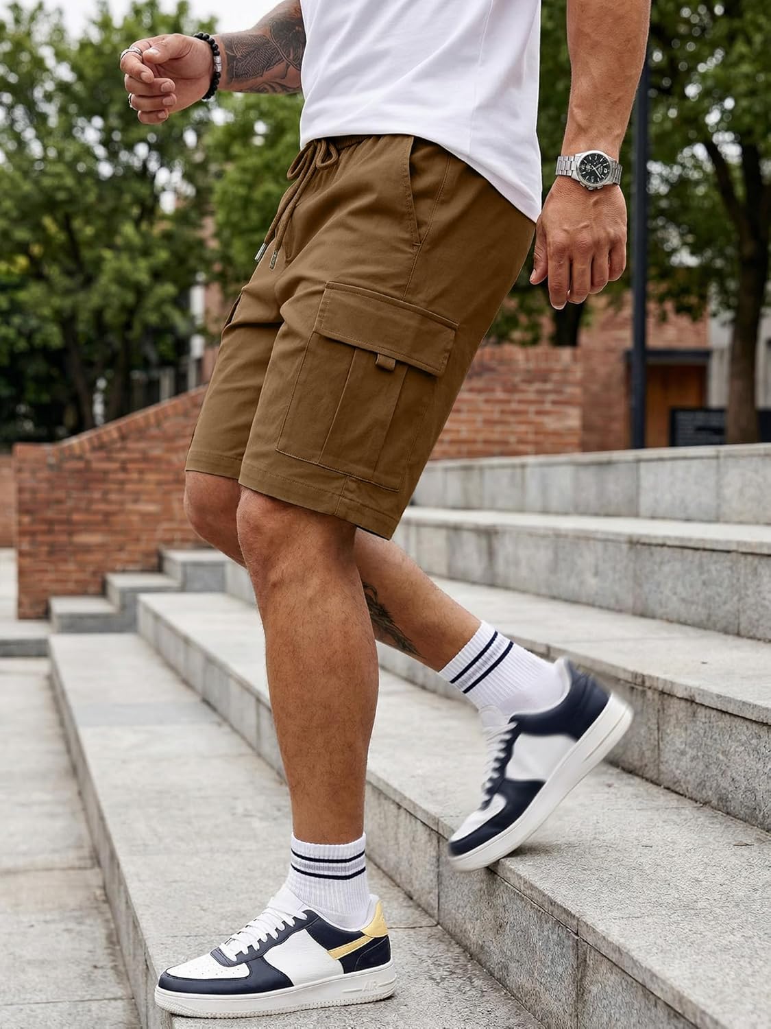 Detalle de JMIERR Kurze Hosen Shorts Cargo Shorts Herren – elastischer Bund, 5 Taschen, vielseitig einsetzbar