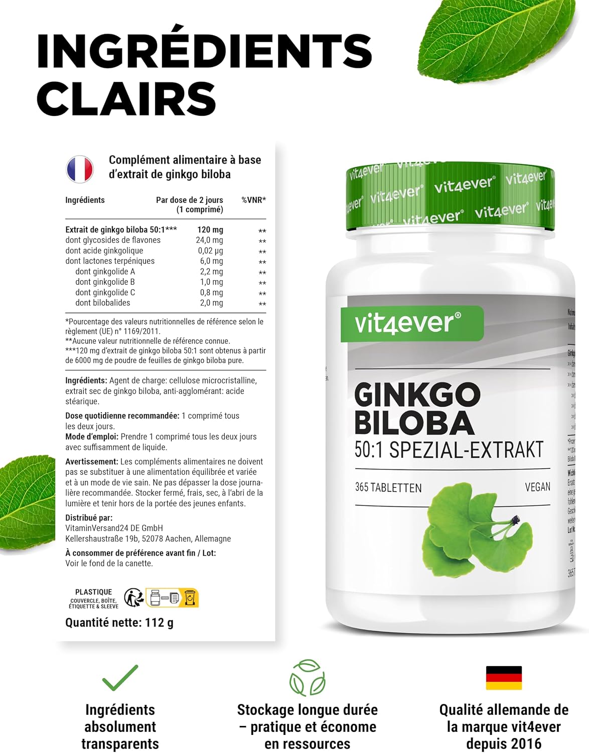 Detalle de Vit4ever Ginkgo Biloba 6000 mg – Extrait premium, 365 comprimés (vegan)