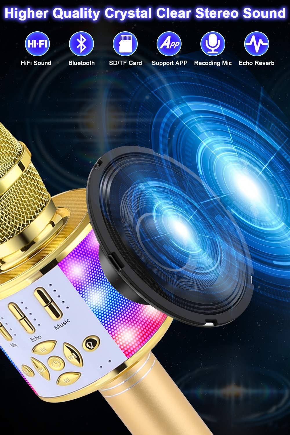 Detalle de BONAOK Kabelloses Bluetooth-Mikrofon für Kinder & Karaoke (Gold) mit LED-Lichtern