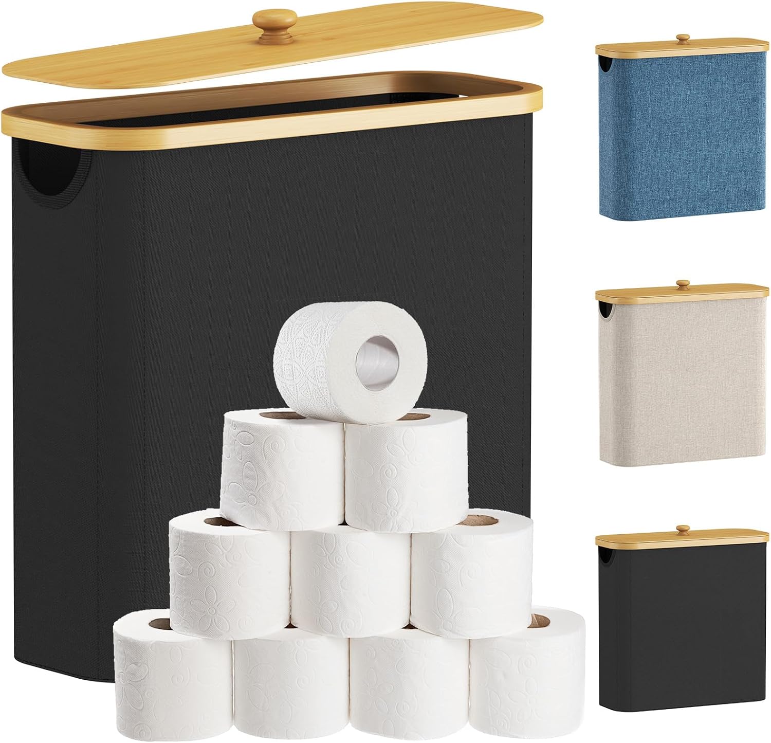 Detalle de Lifewit 23225 kosz na papier toaletowy 30 l, na 12 rolek, z bambusową pokrywą