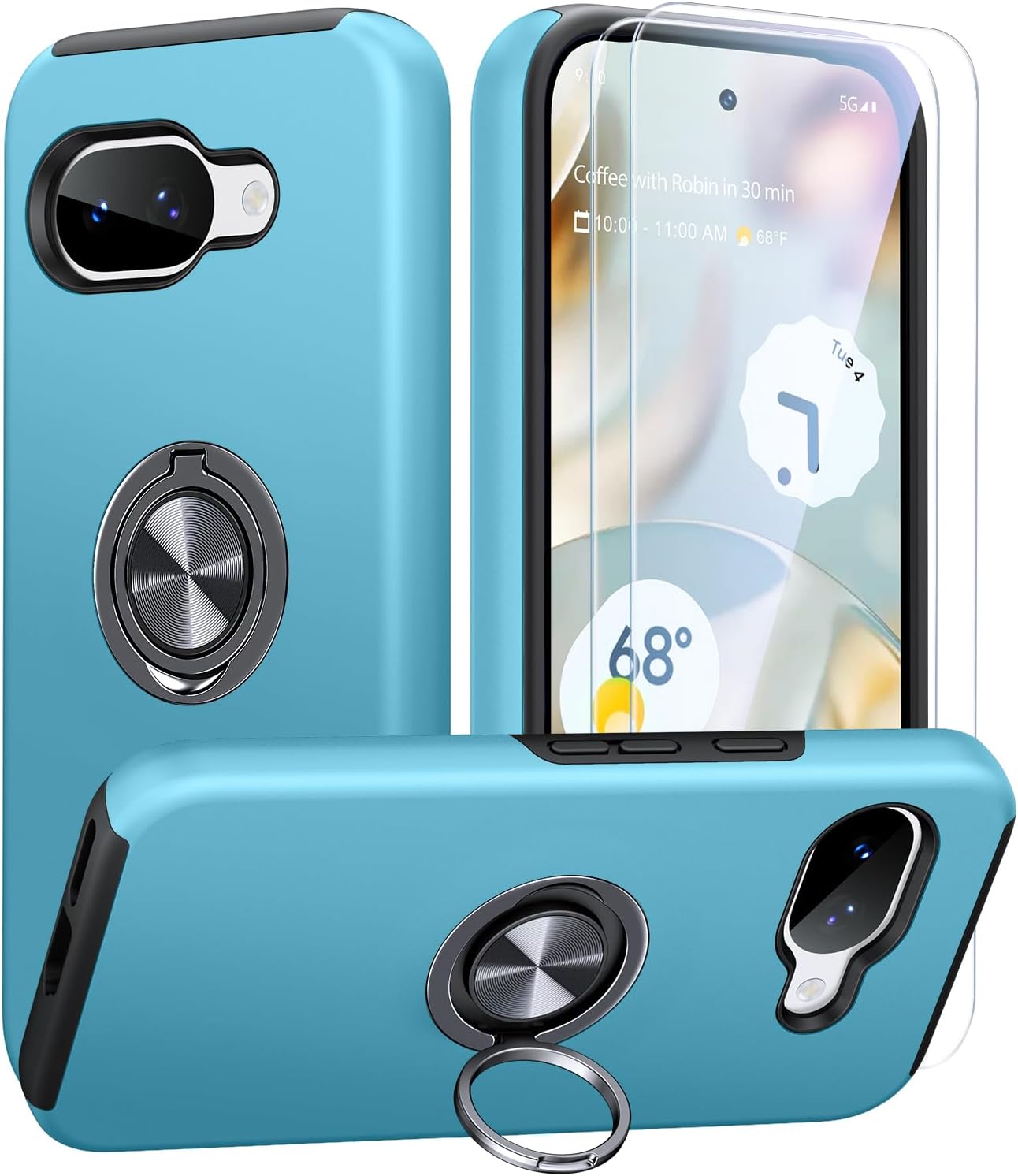 Detalle de AOUIA for Google Pixel 10A Case with 2-Pack Screen Protector and 360° Metal Ring Stand (Sky Blue)