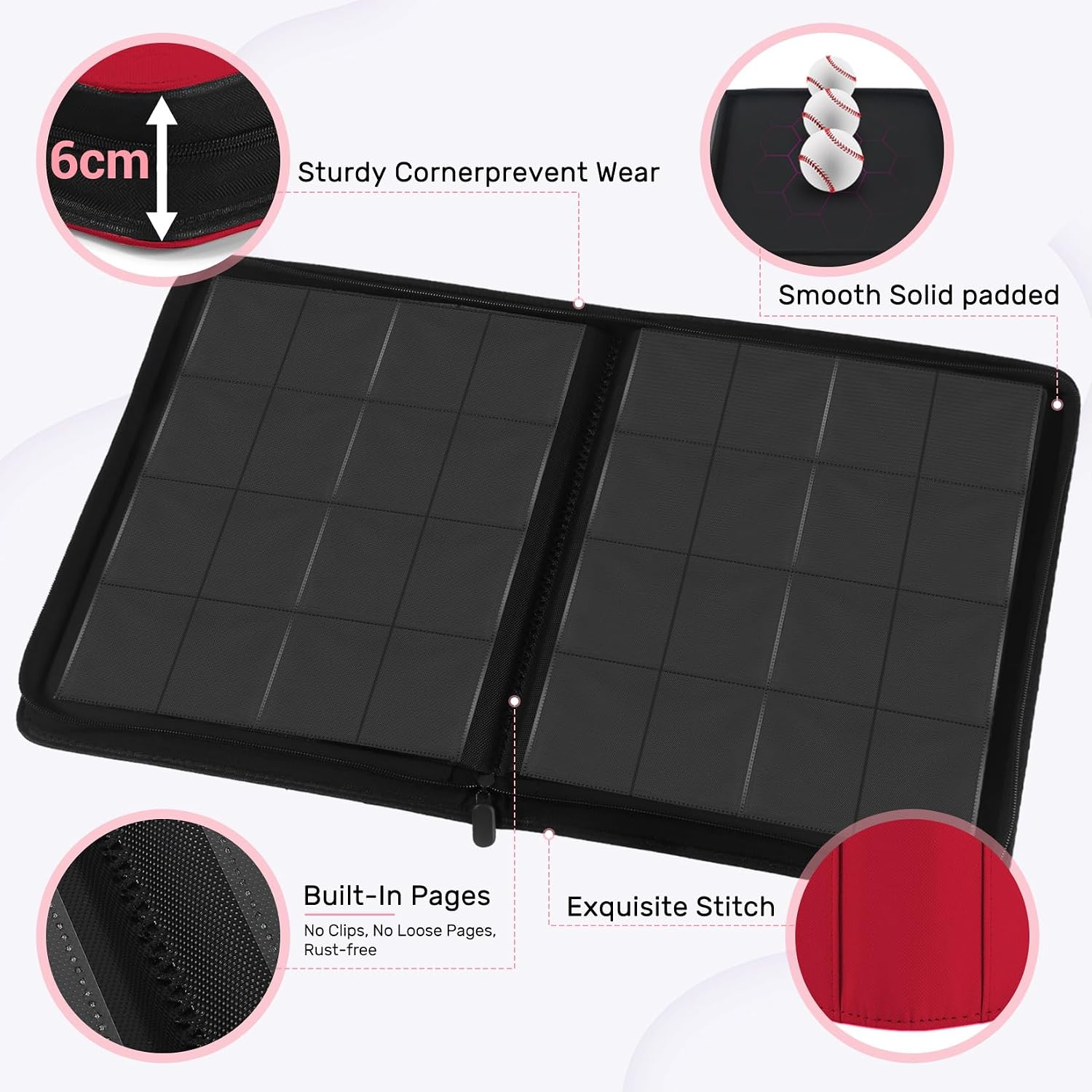 Detalle de WITHYU 16 Taschen Sammelalbum für Karten – 1024 Karten Kapazität, wasserdicht, seitlicher Einschub, Reißverschluss (Weinrot)