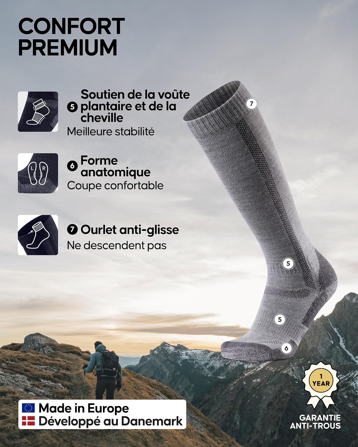 Detalle de Danish Endurance chaussettes randonnée laine mérinos