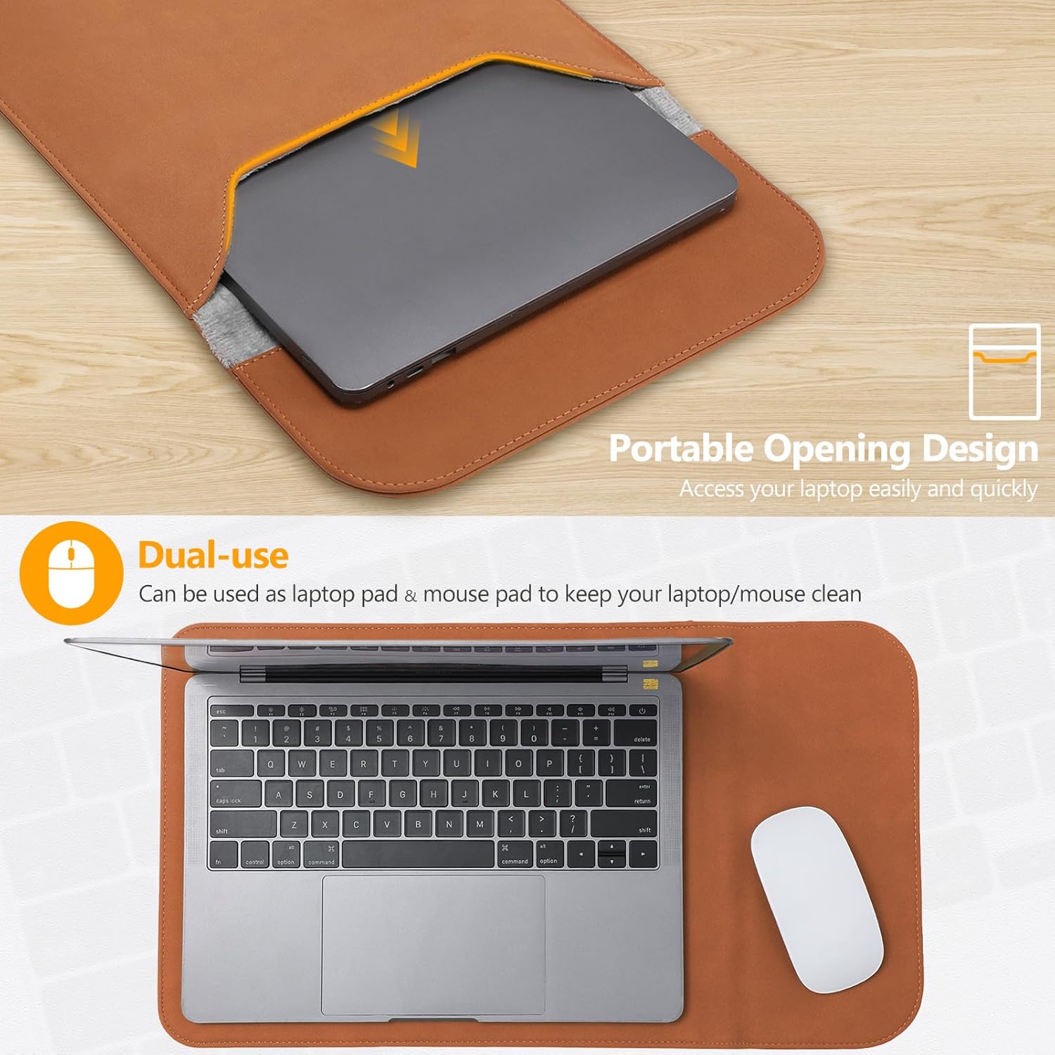 Detalle de HYZUO 15 Zoll Laptop Sleeve – Kunstleder Hülle (Braun) für MacBook Air 15, MacBook Pro 15 und Surface Laptop 7/6/5/4/3