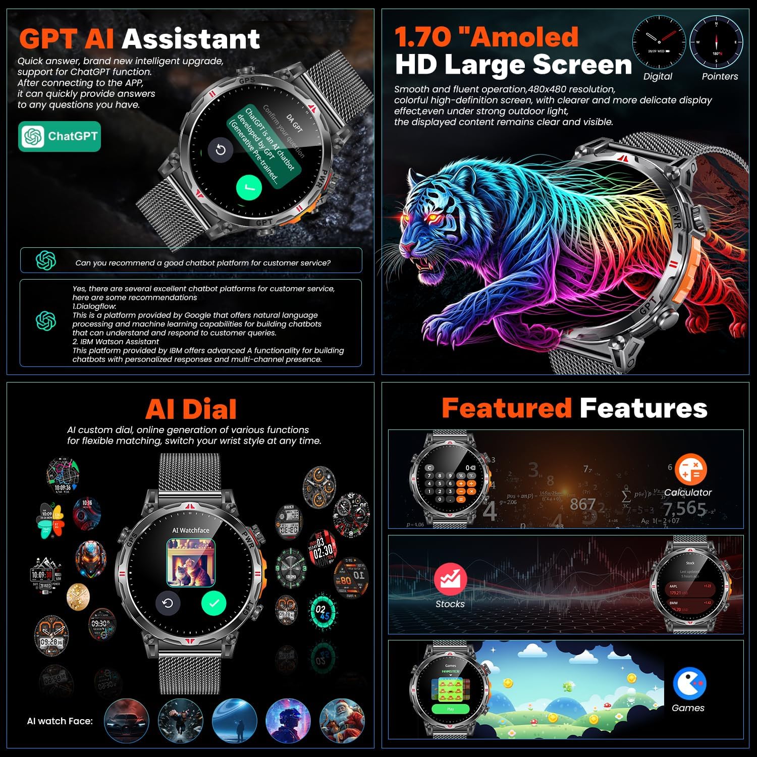 Thumbnail 1 de Montre connectée GPS homme AMOLED 1,7" Amoeld avec boussole, altimètre, baromètre et appels Bluetooth