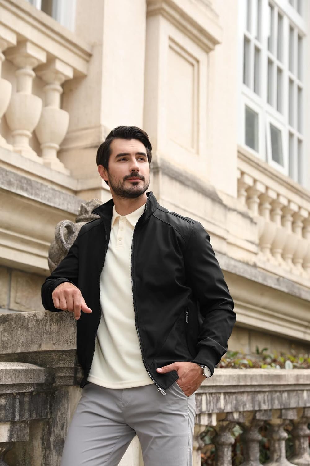 Detalle 2 de Allthemen giubbotto da uomo invernale caldo in stile aviatore, collo alto e zip