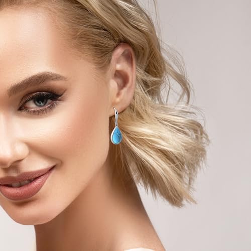 Detalle de Weviway Silver Turquoise Teardrop Earrings — Vintage Boho, Hypoallergenic, Lightweight