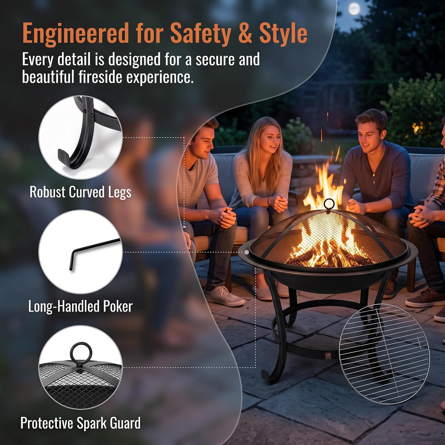 Thumbnail 6 de Fire Beauty Fire Pit BBQ Grill Pit Bowl with Mesh Spark Screen Cover and Poker