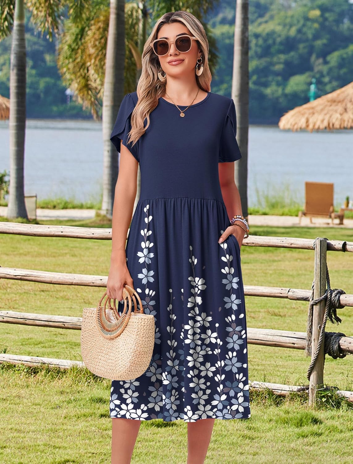Thumbnail 3 de HOTOUCH Women's Summer A-Line Midi Dress with Floral Print and Pockets