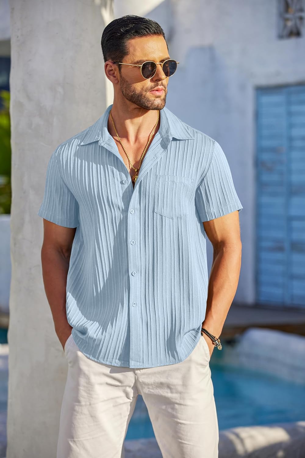 Detalle de COOFANDY Men's Casual Short Sleeve Button-Down Shirt with Textured Fabric and Chest Pocket