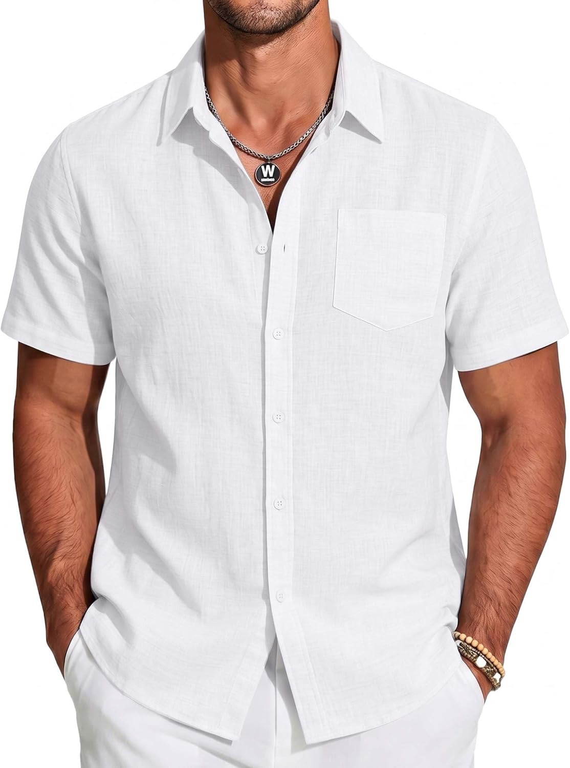 Detalle de COOFANDY Men's Short Sleeve Button Down Linen Shirt