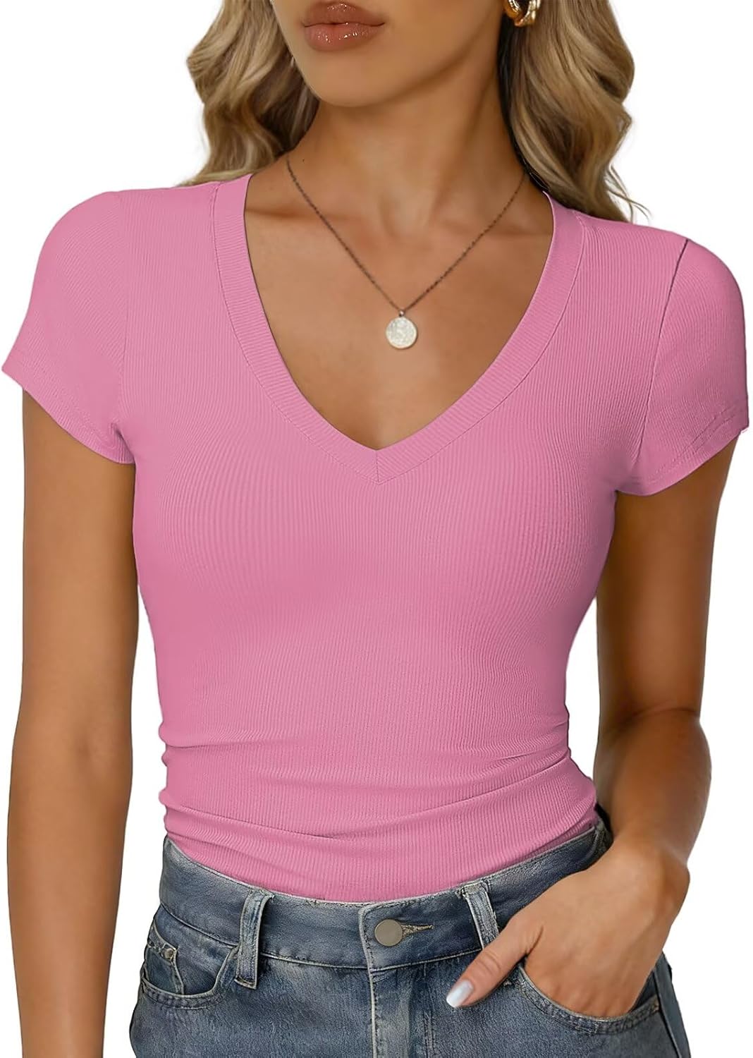 Thumbnail 6 de RIROW Damen Sommer T-Shirt Basic V-Ausschnitt – Slim Fit, atmungsaktiver Rippstoff