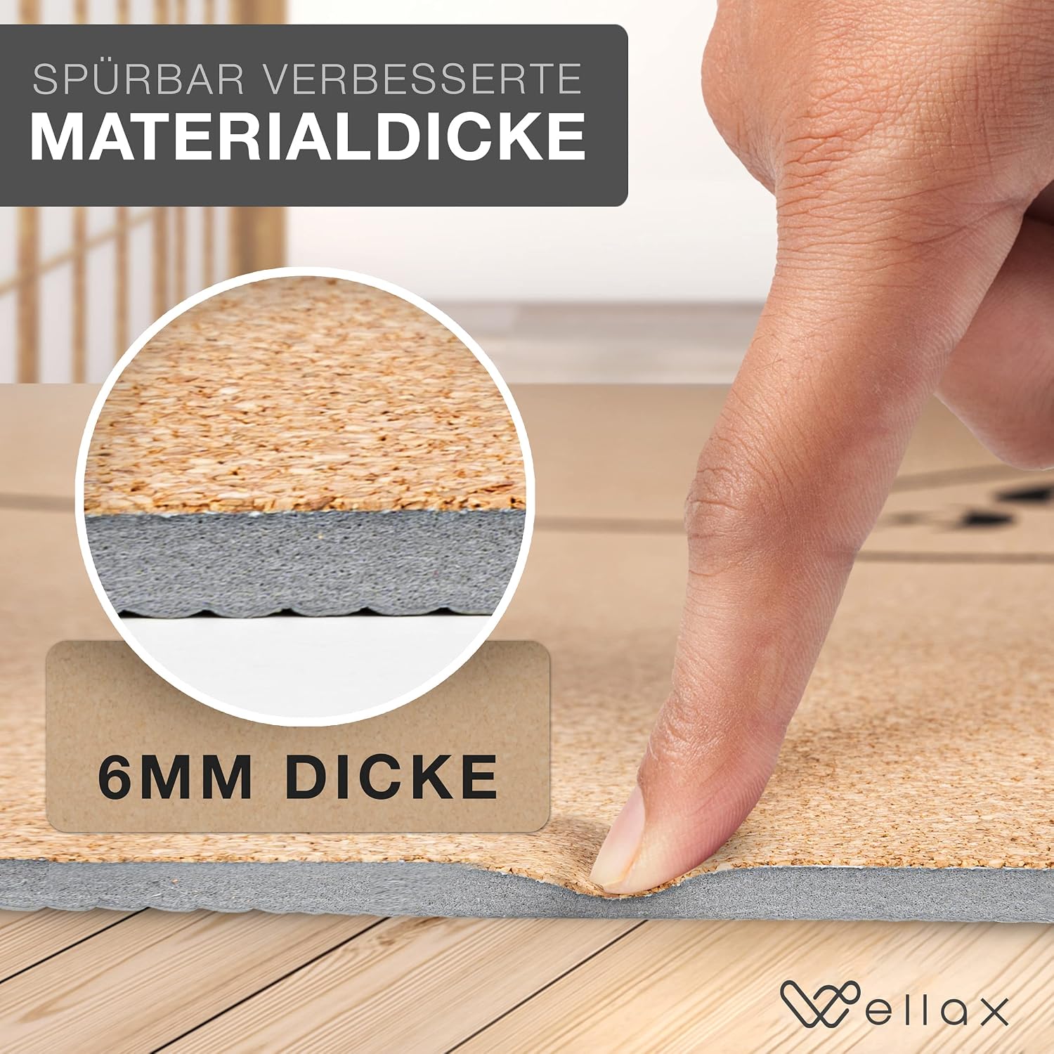 Detalle 1 de Wellax Cork Yoga Mat, 185 x 66 cm with Non-Slip TPE Base and Carry Strap