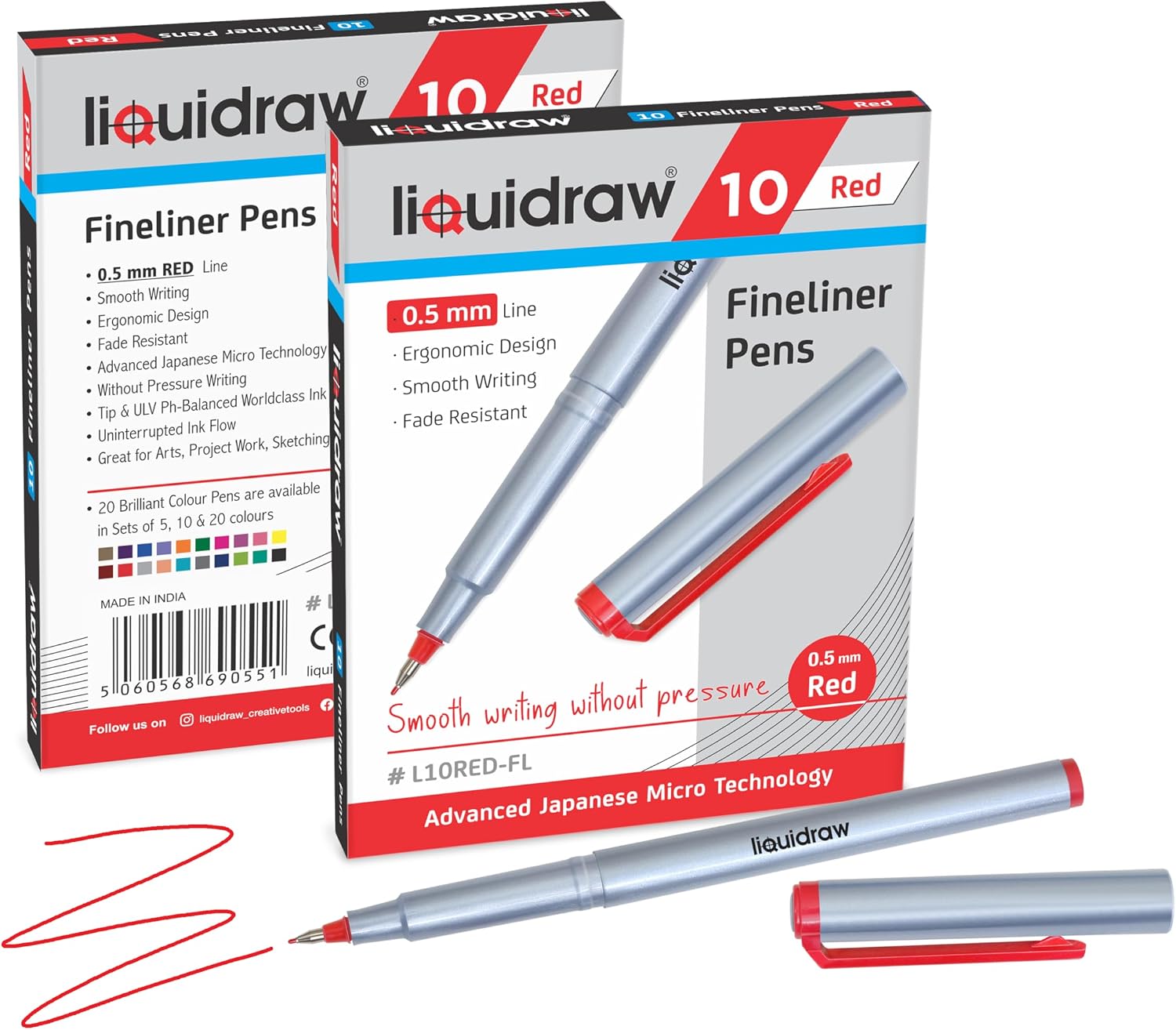 Detalle 2 de Liquidraw レッドファインライナー 10本セット 0.5mm細字・収納ケース付き