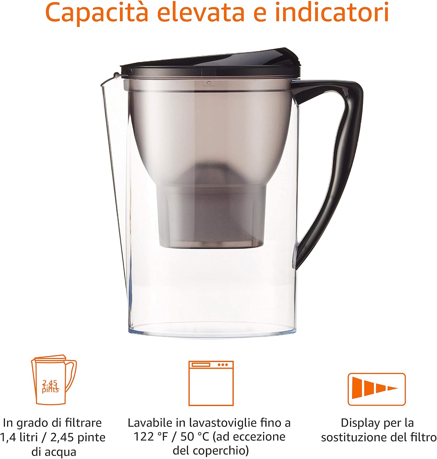 Detalle de Amazon Basics Caraffa filtrante per l'acqua 2,3 L, nero — filtraggio semplice e pratico