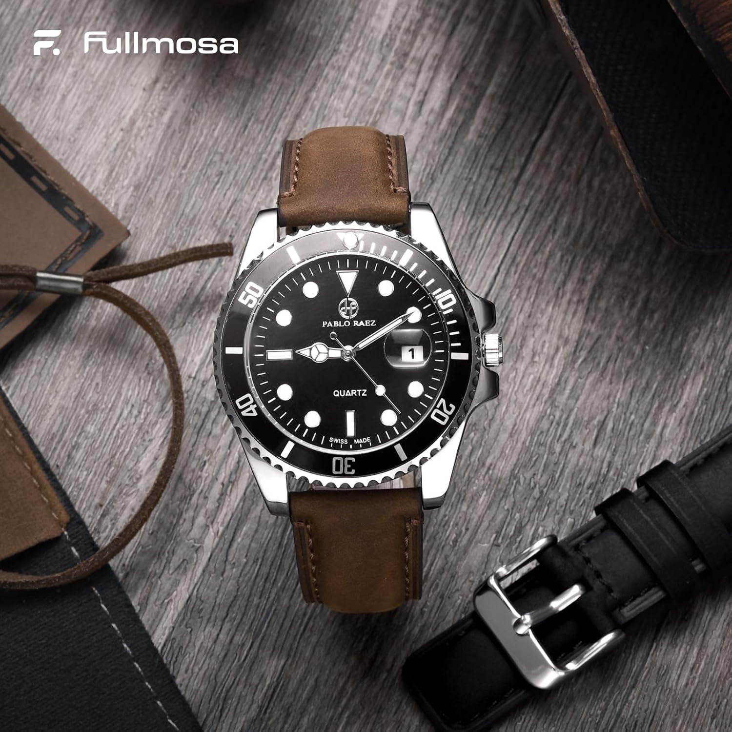 Thumbnail 1 de Fullmosa Echtleder Uhrenarmbänder 20 mm Quick-Release (2er Set) mit Edelstahlverschluss – Kaffe+Silber & Schwarz+Silber