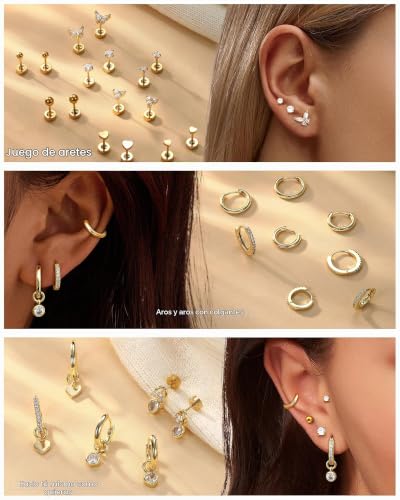 Detalle de CASSIECA: 15 pares de pendientes dorados para mujer — aro, botón y colgante en acero quirúrgico hipoalergénico