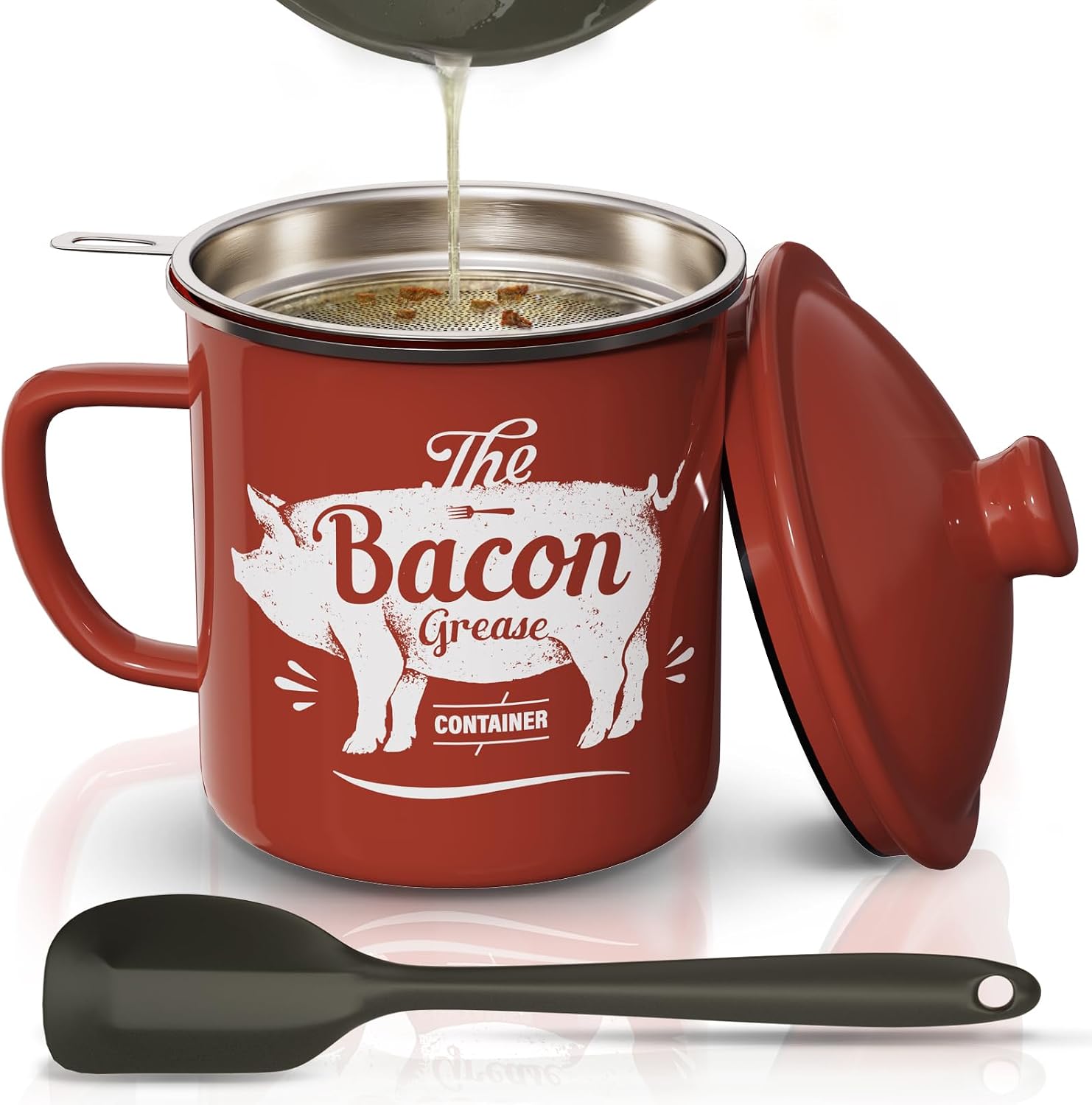 Detalle de Bacon Grease Container With Strainer (46OZ Large Enamel Grease Container) + Silicone Spatula