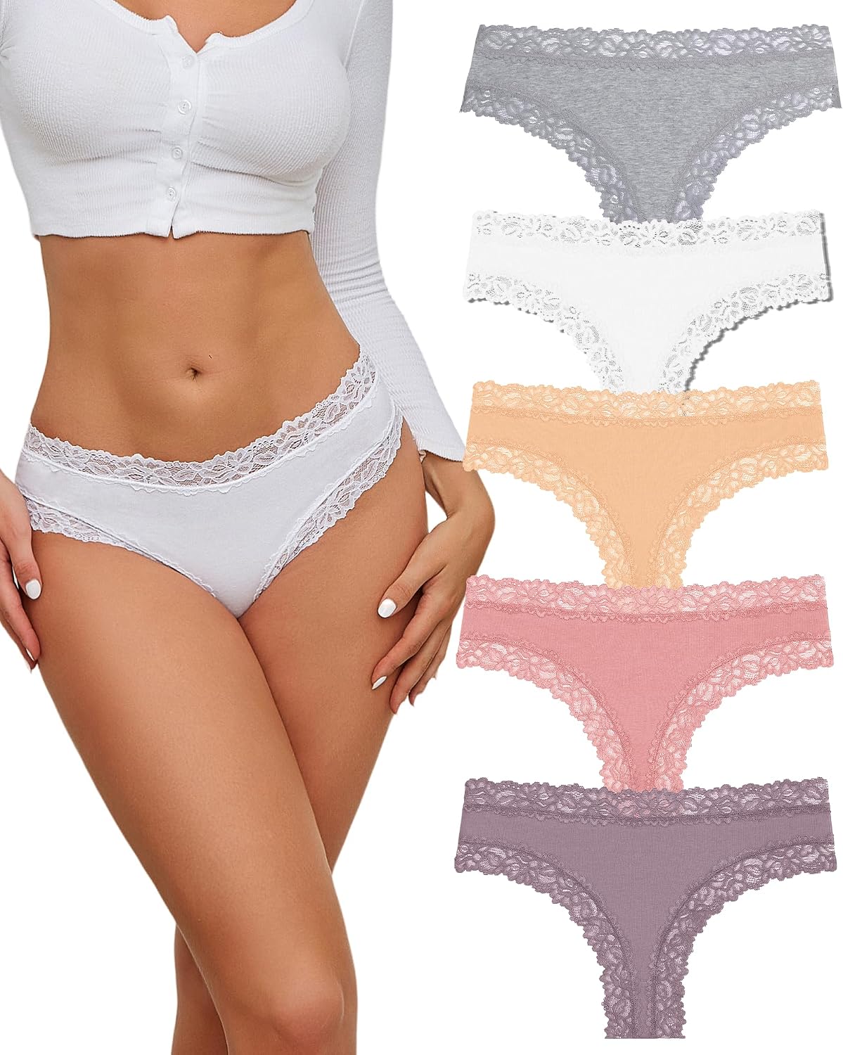 Thumbnail 6 de ALL OF SHE Damen-Unterhosen aus Baumwolle mit Spitze – Brazilian Slip im 5er Pack