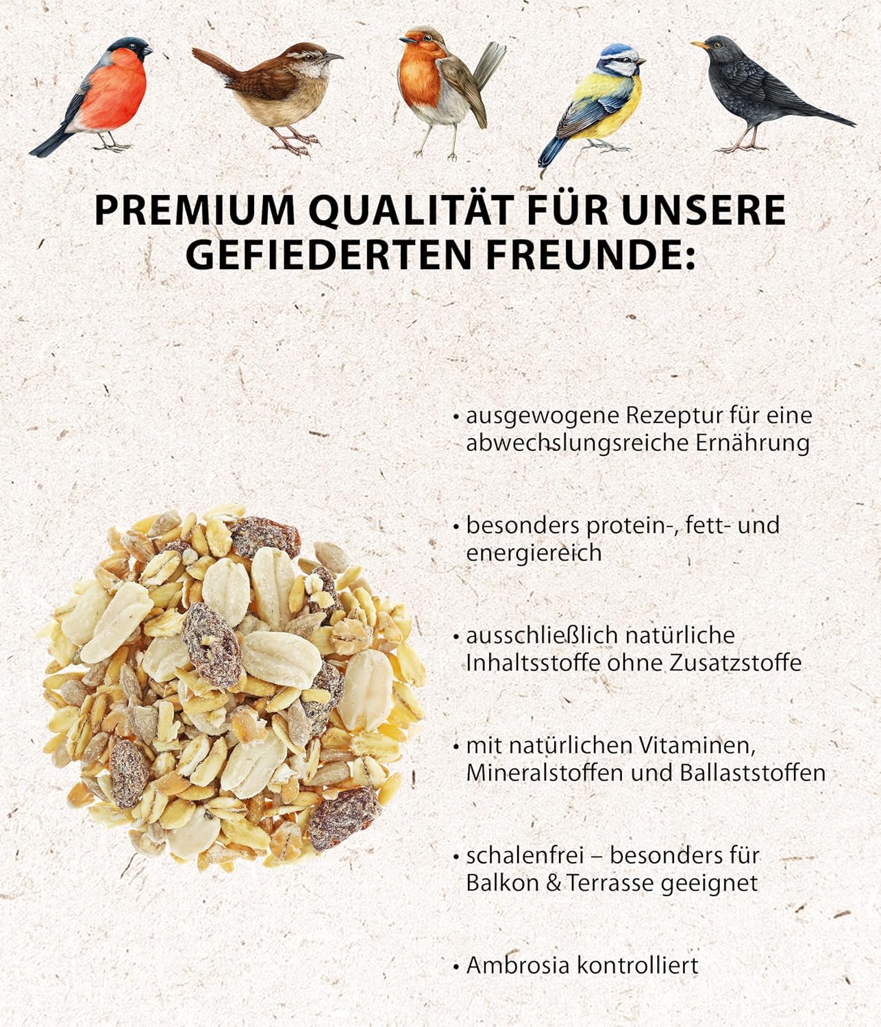Detalle de Dehner Natura Premium Wildvogelfutter – Ganzjahresfutter, schalenfrei, 10 kg