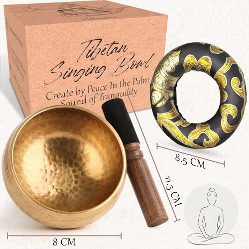 Detalle 2 de OZCHIN Tibetisches Klangschalen-Set – handgehämmert in Nepal, 8 cm (inkl. Meditationsschale, Ringkissen, Holzklöppel, Box)