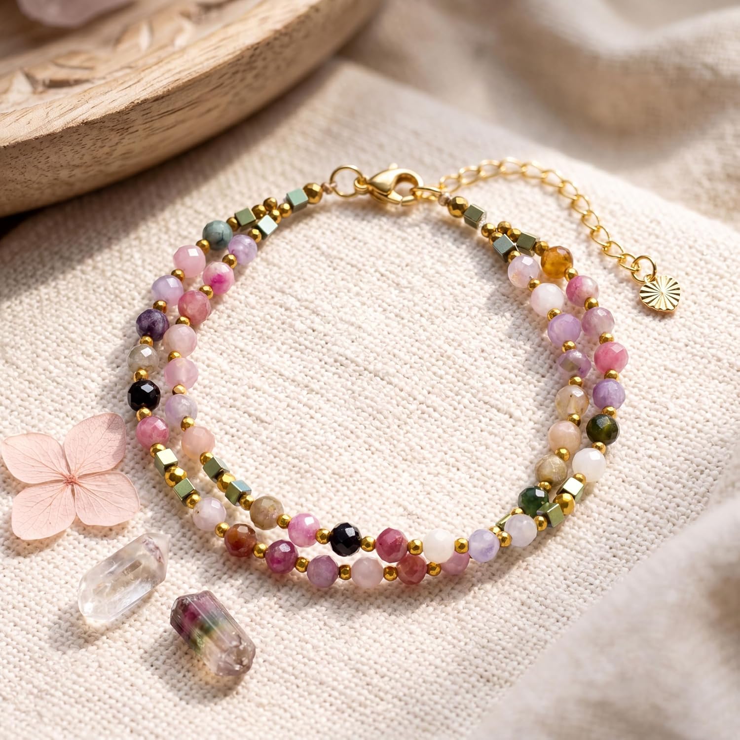 Detalle de Farfume Edelstein Perlen Armband für Frauen – Regenbogen-Turmalin 4 mm, Silber 925, elastisch