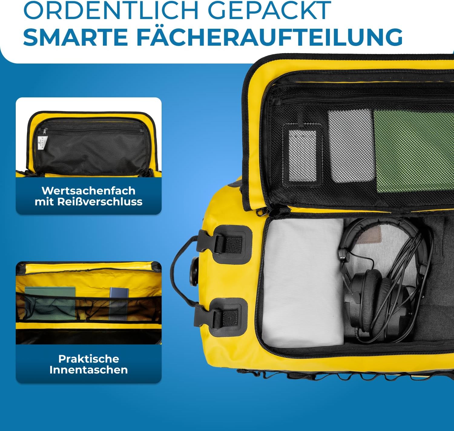 Detalle 2 de STYNGARD Reisetasche wasserdicht mit Rucksackfunktion „Hamburg“ (60 l) – 3in1 Duffle Bag, gelb