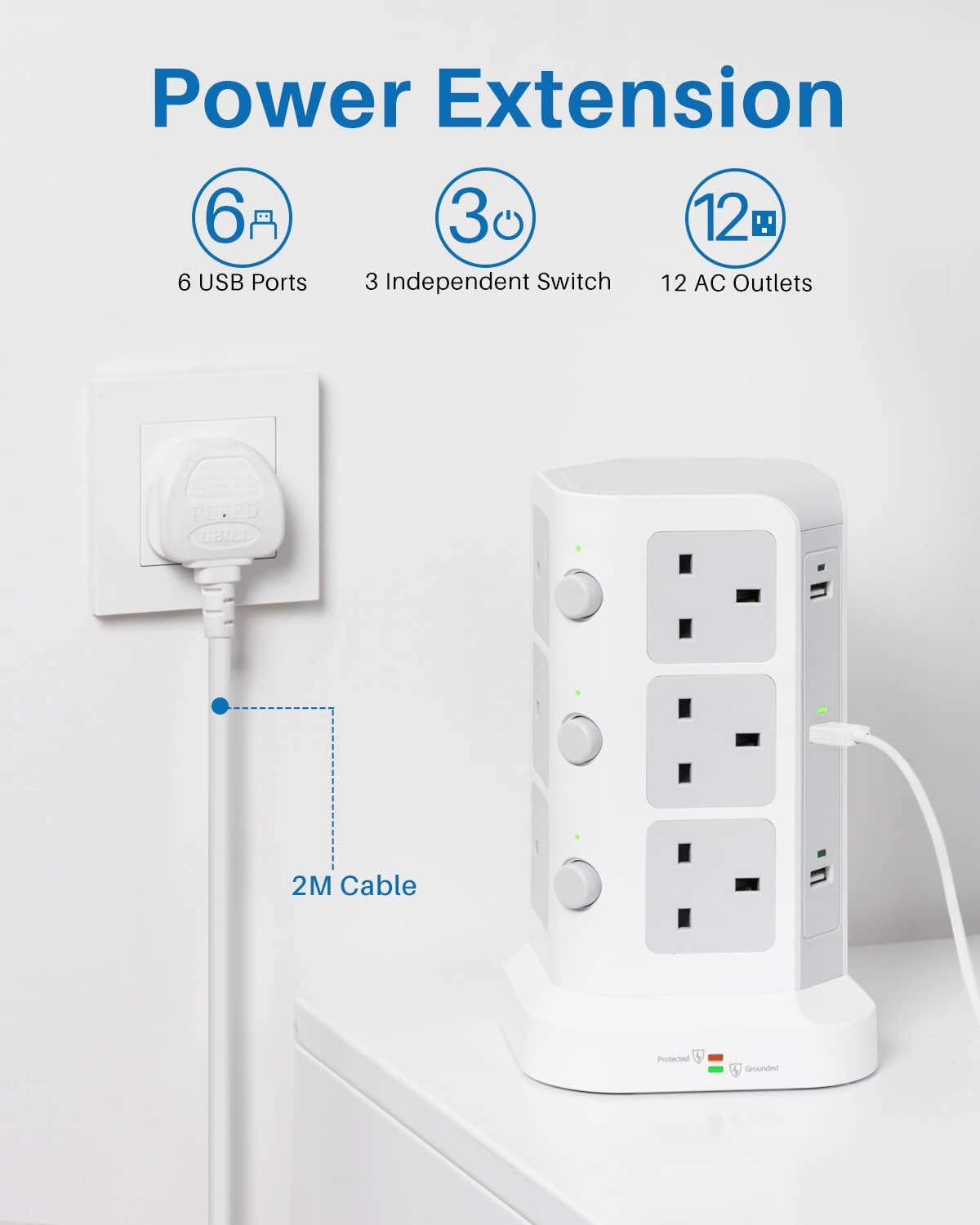 Thumbnail 1 de KOOSLA Tower Extension Lead: 12 AC Outlets, 6 USB Ports, 2m Cable, 13A – A Practical All‑in‑One Charging Hub