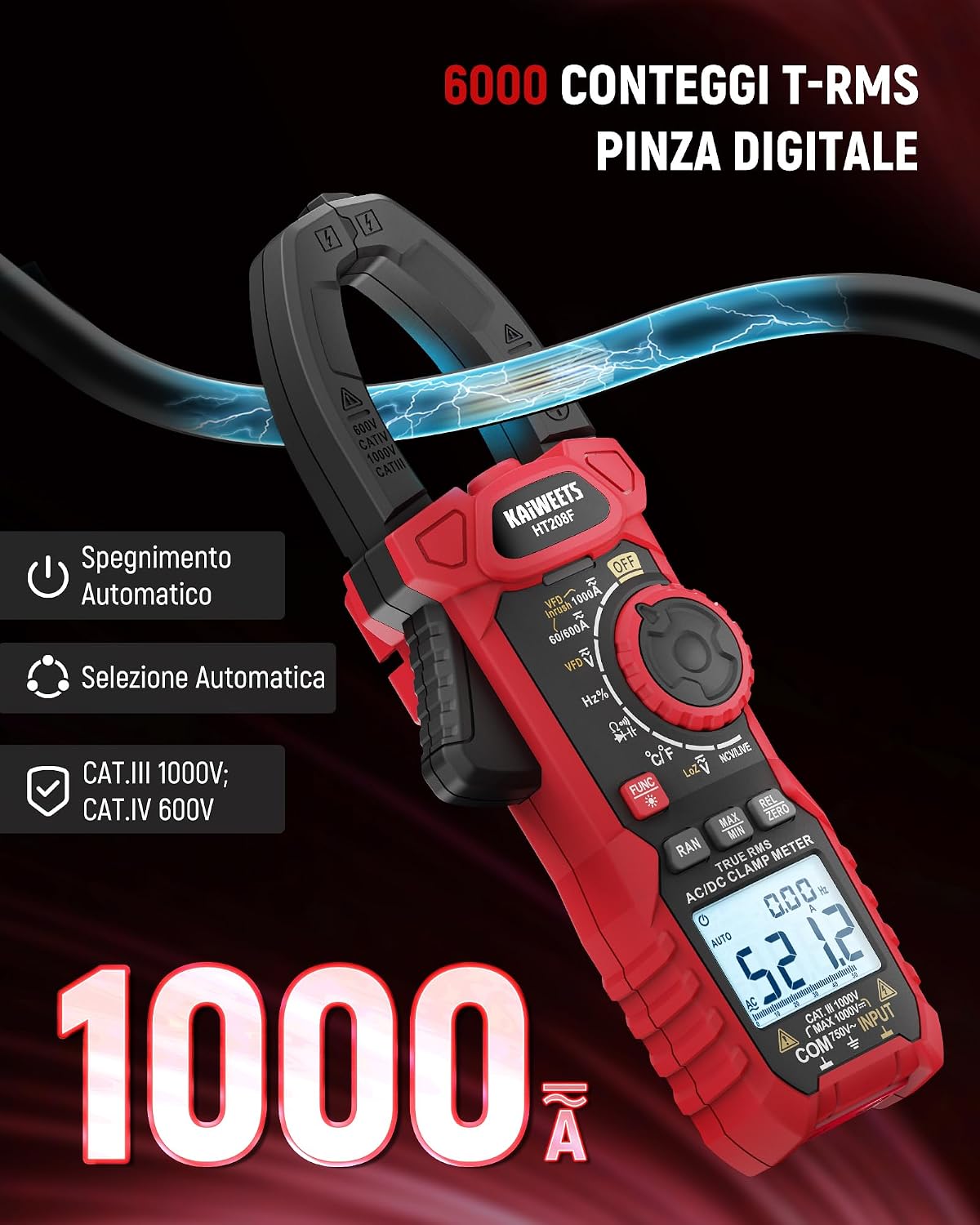 Detalle de Pinza Amperometrica KAIWEETS HT208F AC/DC 1000A: ampere digitale con conteggio e funzioni avanzate