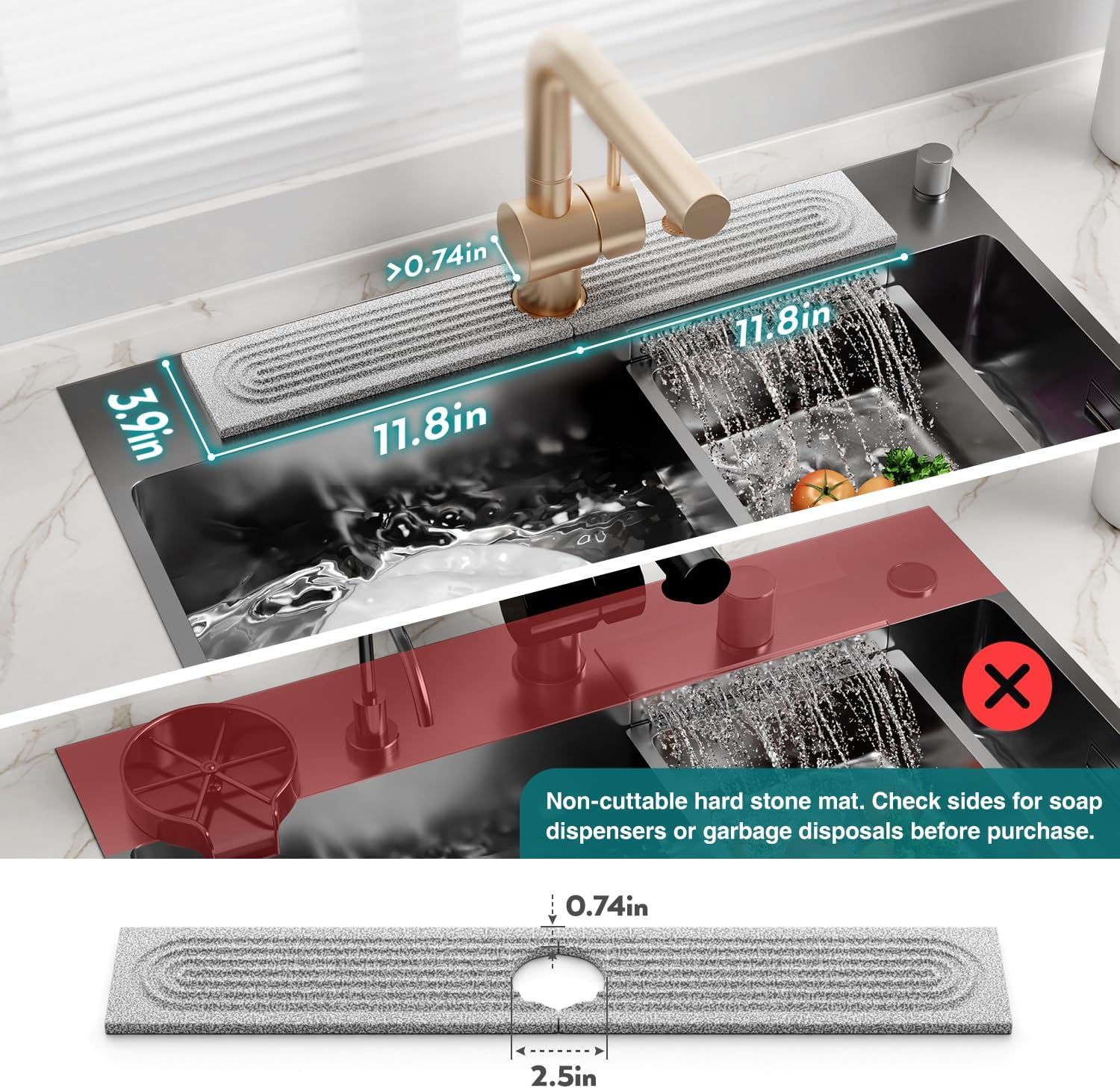 Detalle 1 de eormoe EOR-SQ-S-23.6X3.9IN Diatomite Sink Faucet Mat, Dishwasher-Safe